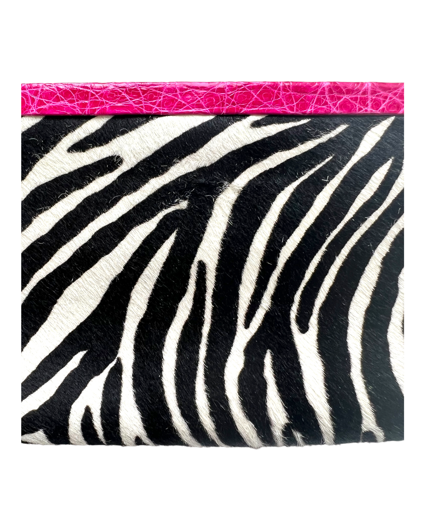 Vintage Nancy Gonzales Zebra Print Pony Hair and Pink Crocodile Leather Clutch. Image depicts slight balding at clasp