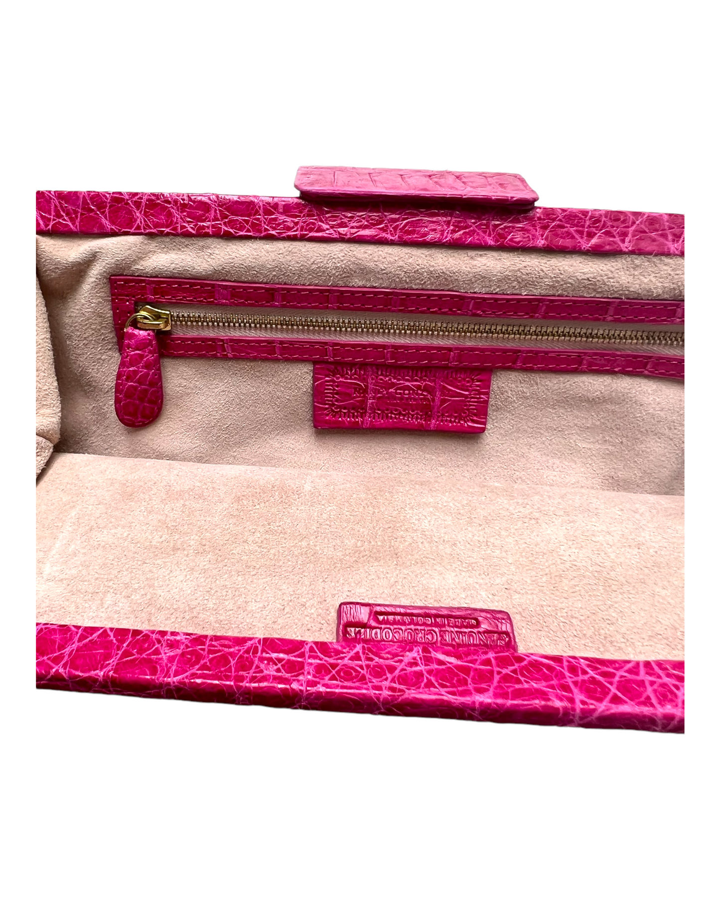 Vintage Nancy Gonzales Zebra Print Pony Hair and Pink Crocodile Leather Clutch. Image depicts the inside of the bag with a beautiful suede lining
