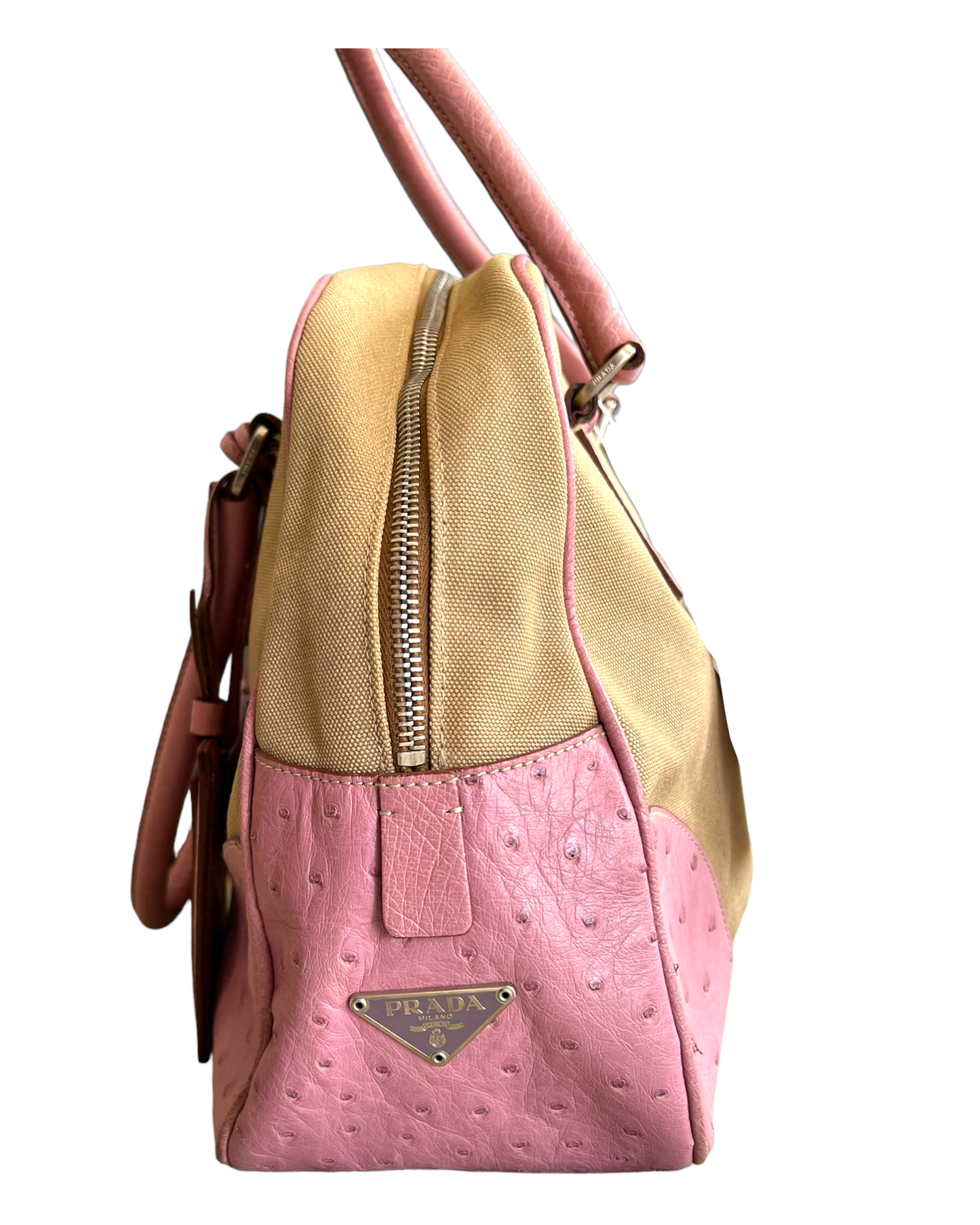 Vintage Prada Beige Canapa Canvas Bowling Bag with Pink Ostrich Leather Trim