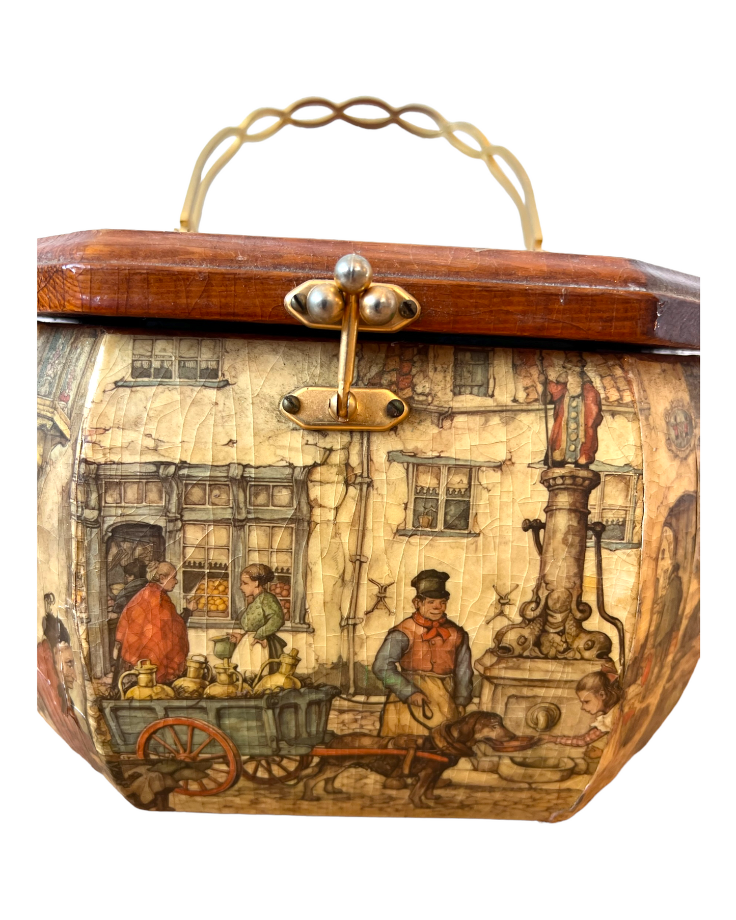Vintage 1970's Decoupage Wooden & Brass Octagonal Purse