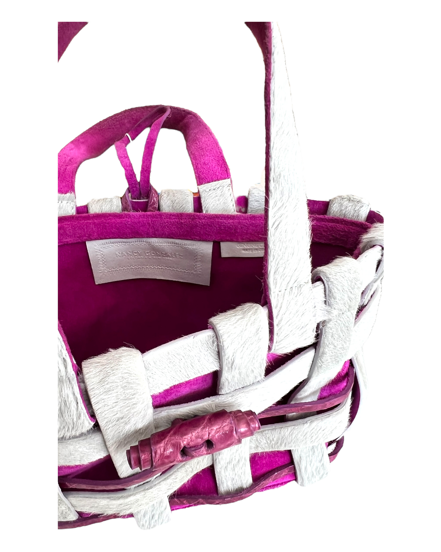 RARE Vintage Nancy Gonzales Grey Pony Hair and Purple Crocodile Leather Woven Mini Bag