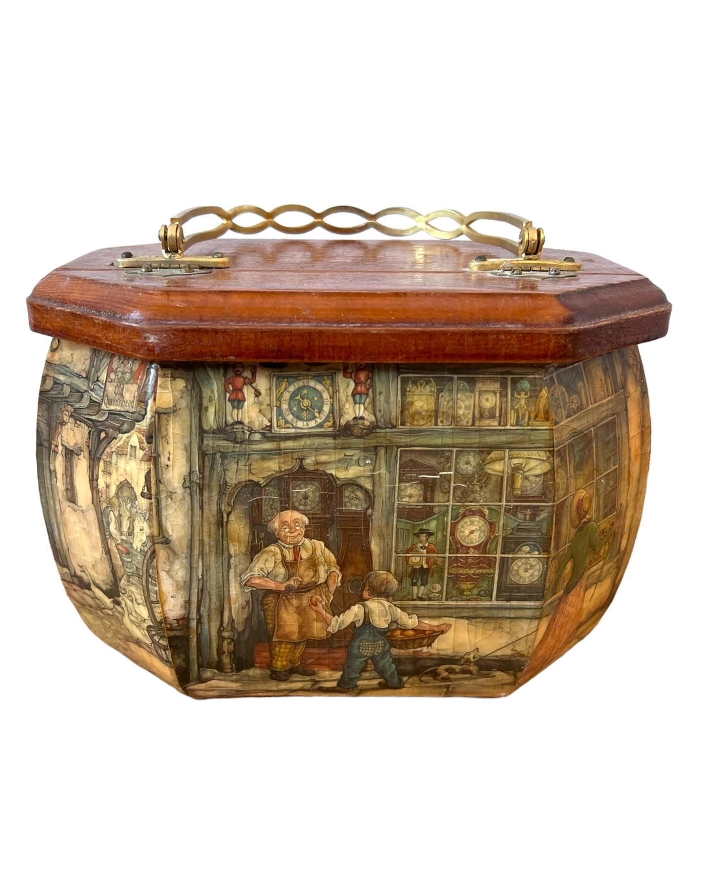 Vintage 1970's Decoupage Wooden & Brass Octagonal Purse