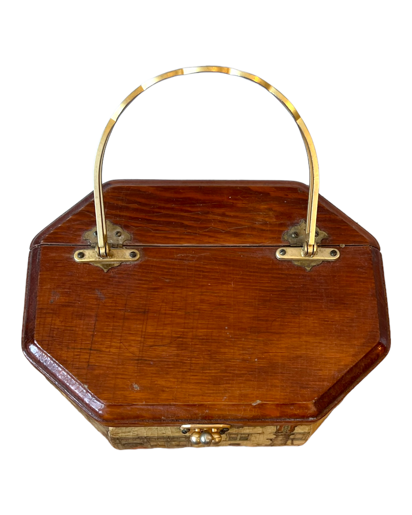 Vintage 1970's Decoupage Wooden & Brass Octagonal Purse