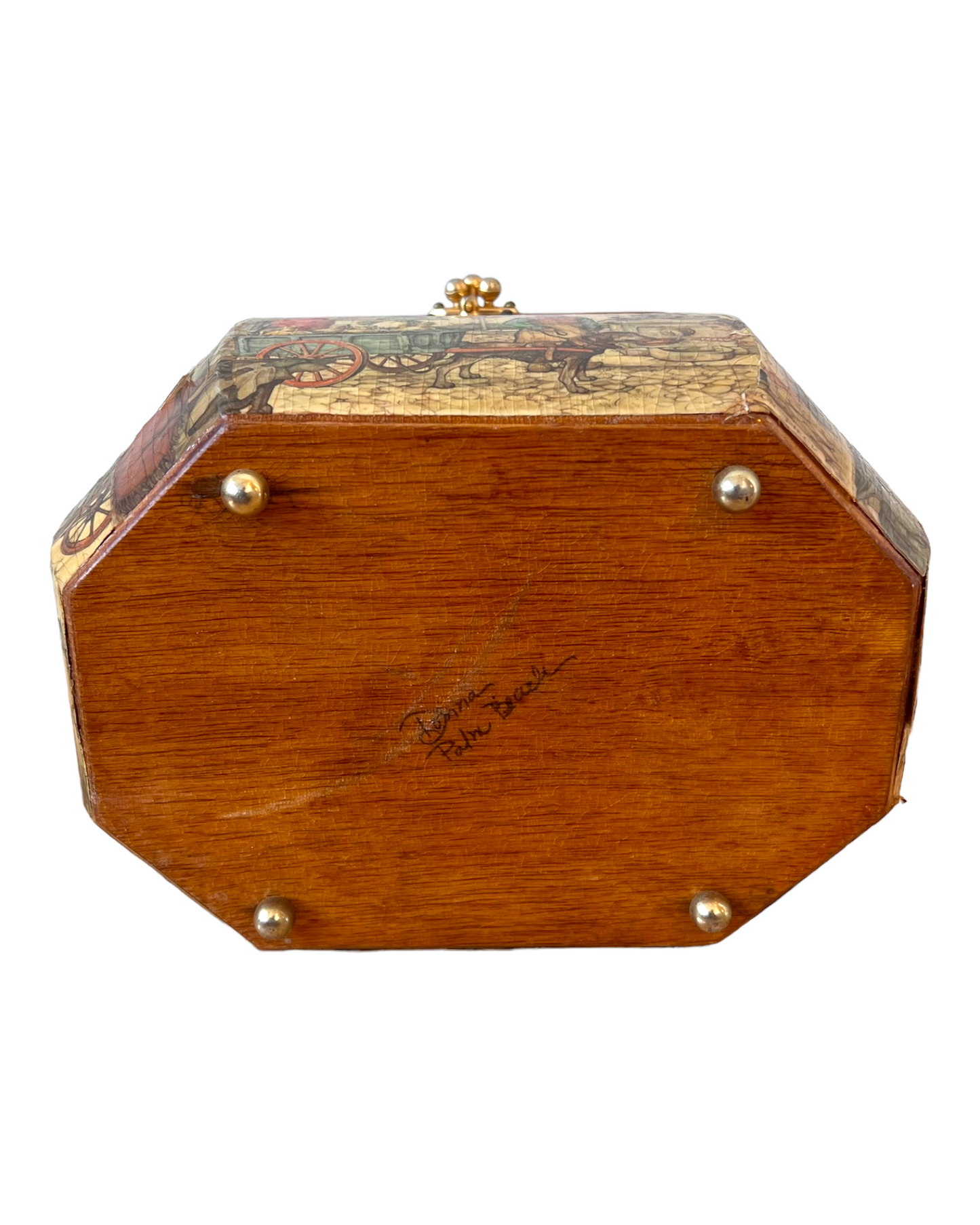 Vintage 1970's Decoupage Wooden & Brass Octagonal Purse