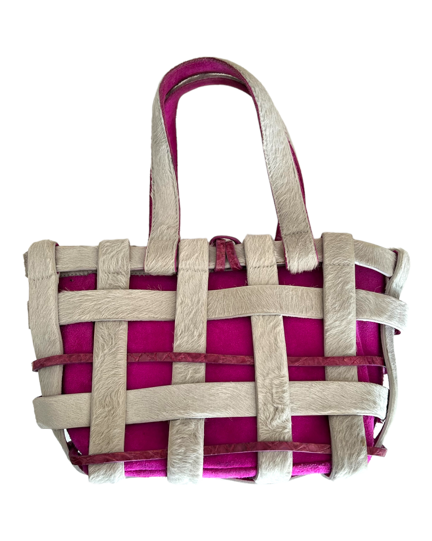 RARE Vintage Nancy Gonzales Grey Pony Hair and Purple Crocodile Leather Woven Mini Bag