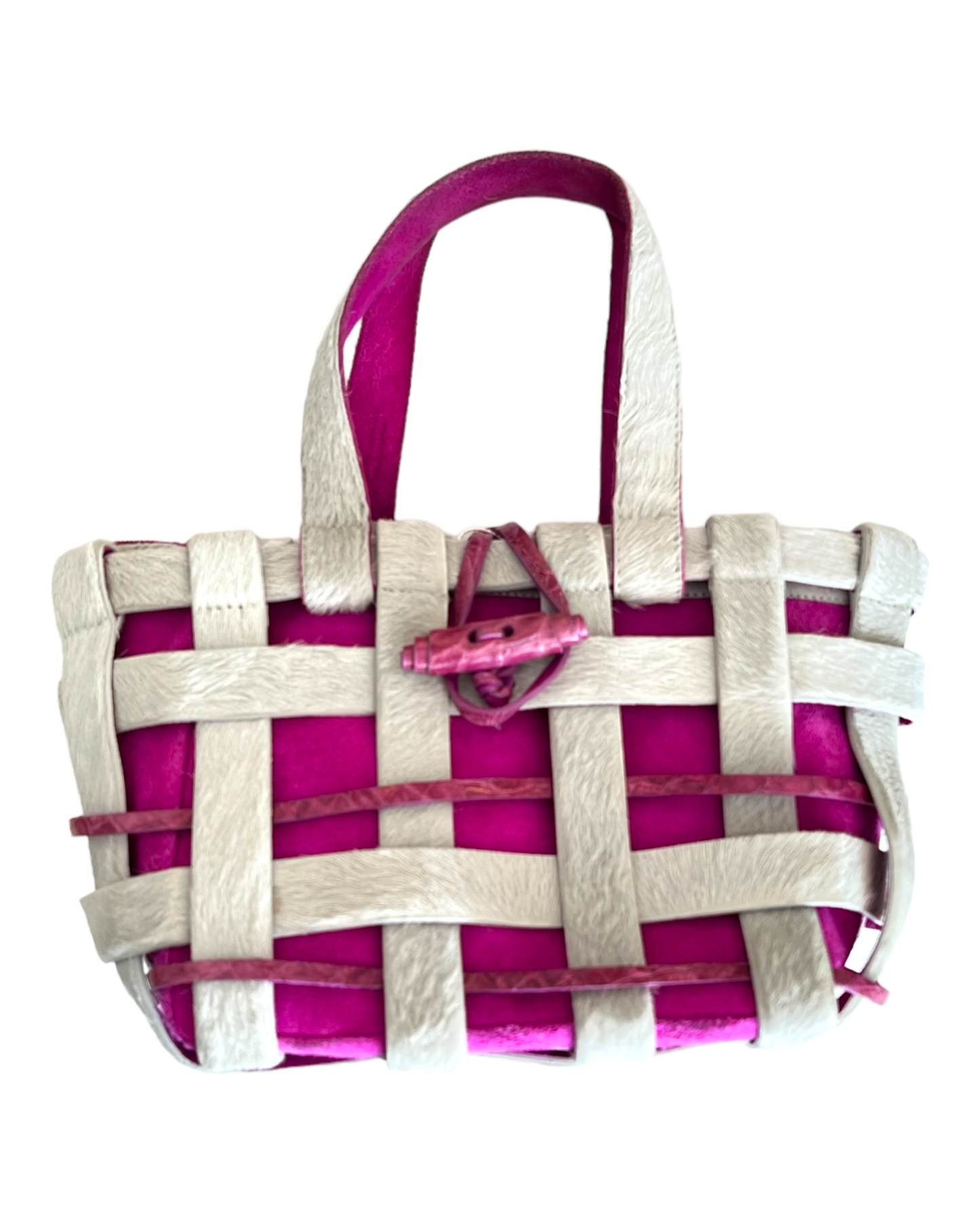 RARE Vintage Nancy Gonzales Grey Pony Hair and Purple Crocodile Leather Woven Mini Bag