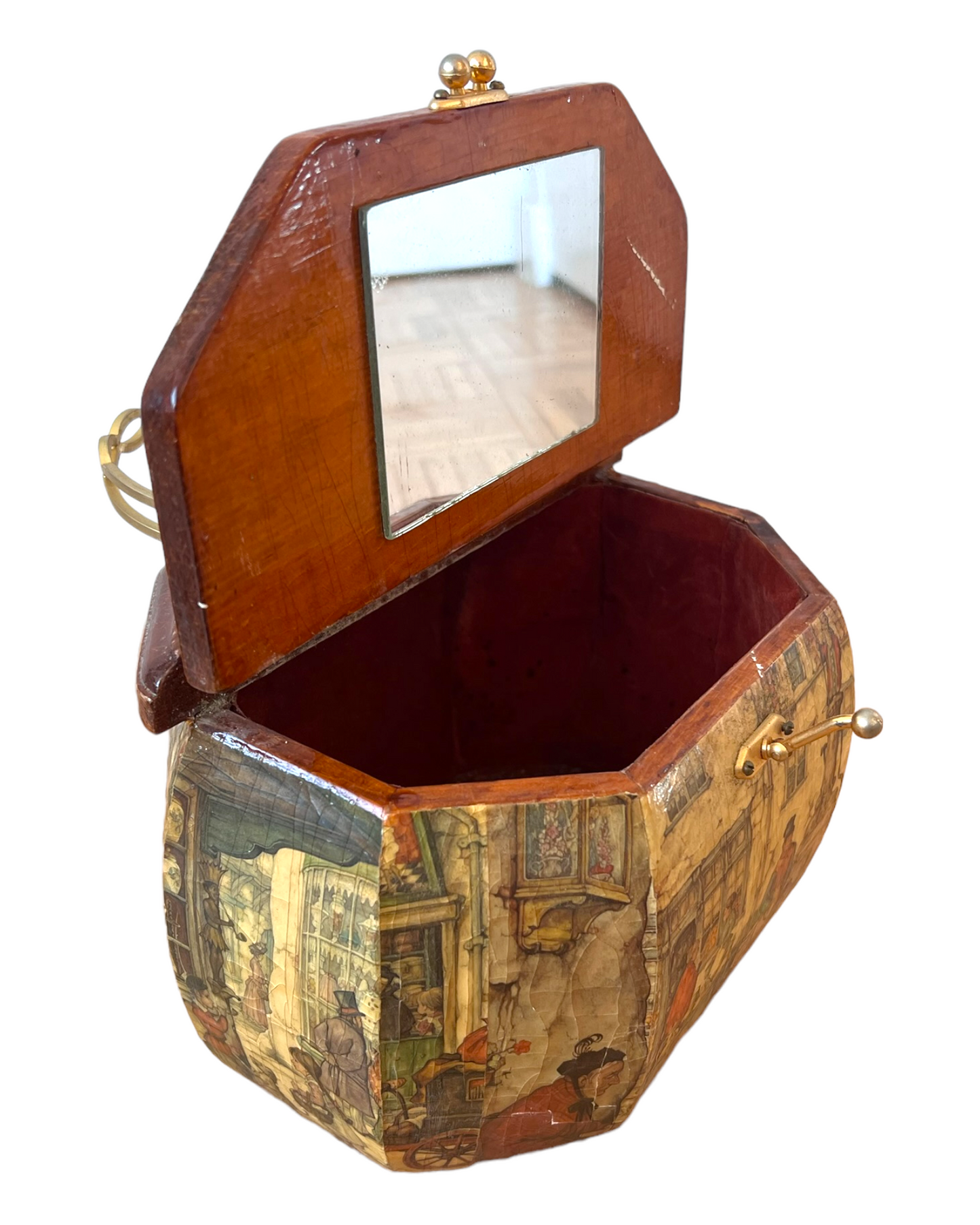 Vintage 1970's Decoupage Wooden & Brass Octagonal Purse