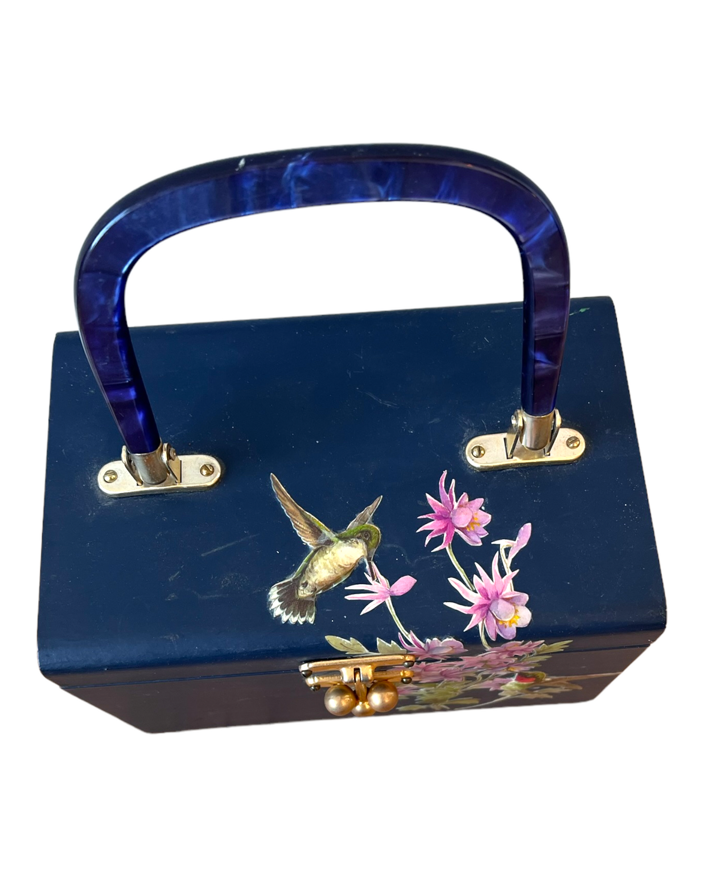 Vintage 1960's Decoupage Hand-Painted Wooden and Brass Purse