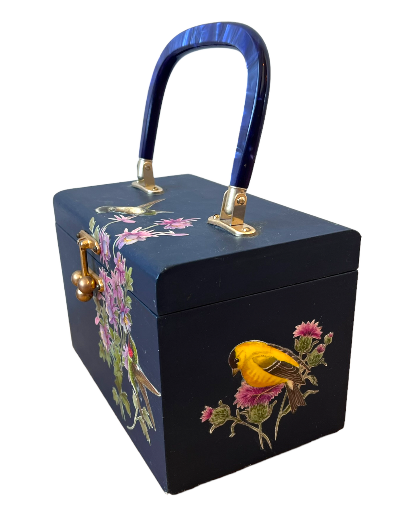 Vintage 1960's Decoupage Hand-Painted Wooden and Brass Purse
