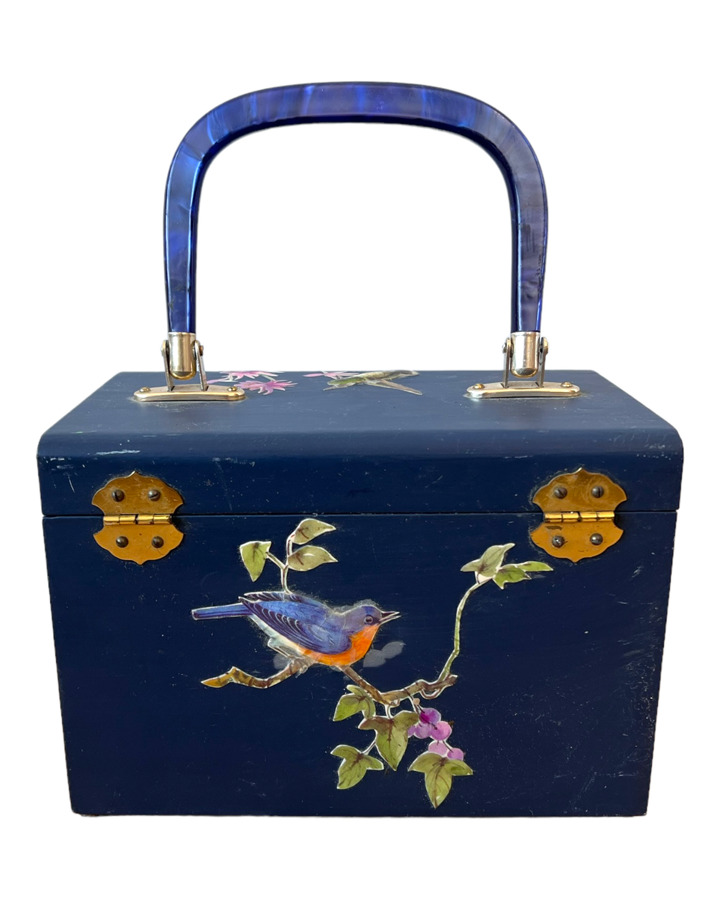 Vintage 1960's Decoupage Hand-Painted Wooden and Brass Purse