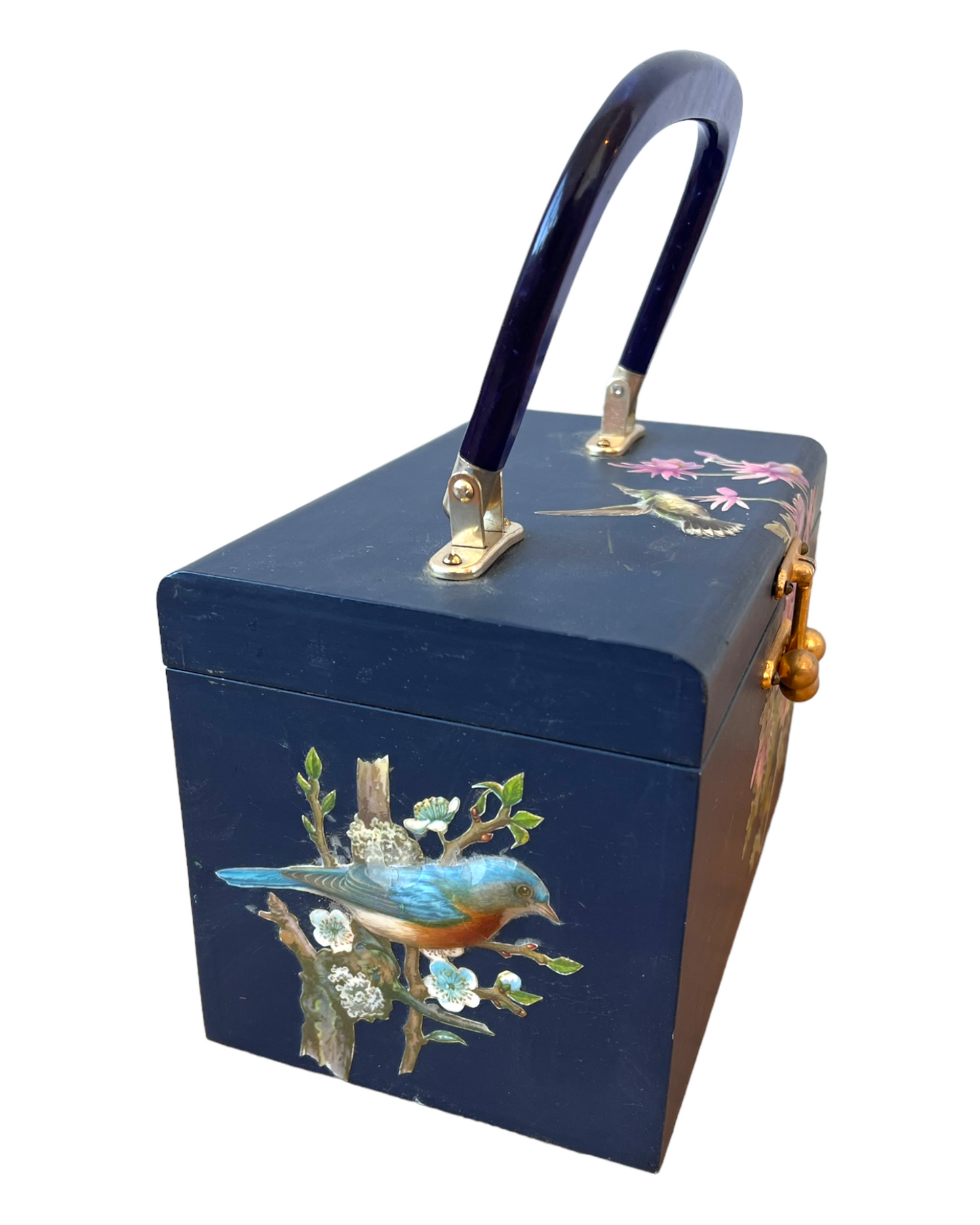 Vintage 1960's Decoupage Hand-Painted Wooden and Brass Purse