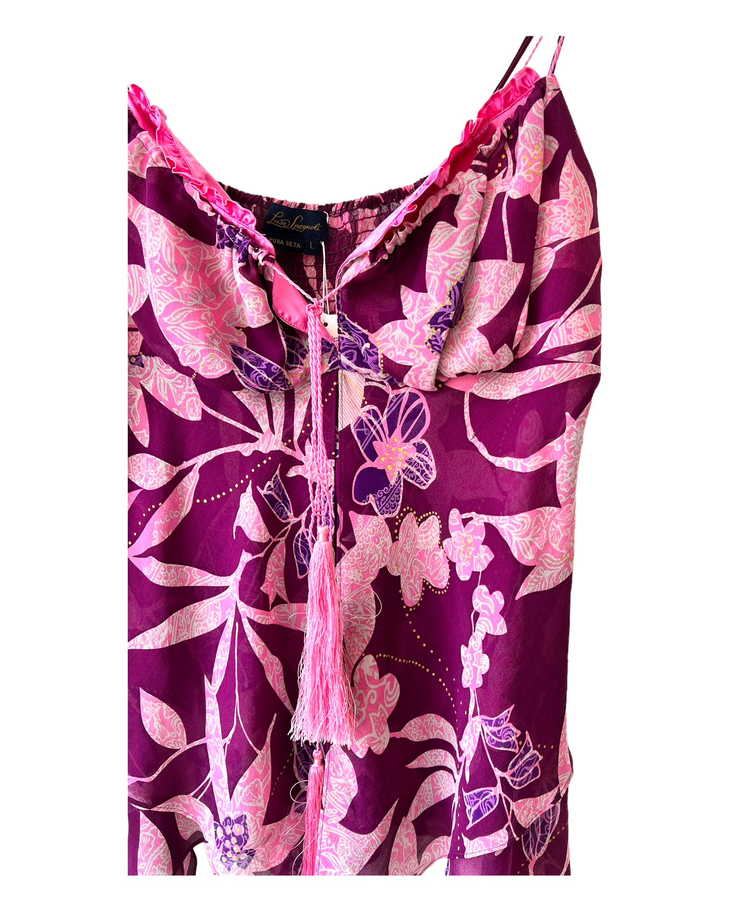 Vintage Luisa Spagnoli Spaghetti Strap Pink Floral Blouse with a tassel tie closure in the front. Image depicts a close up of tassels.