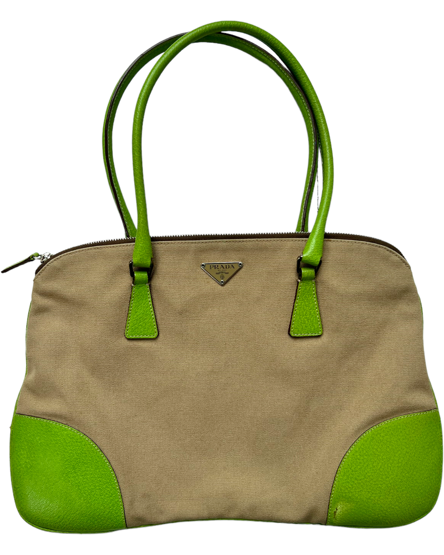 Vintage Prada Beige Canapa Canvas Bag with Lime Green Leather Trim