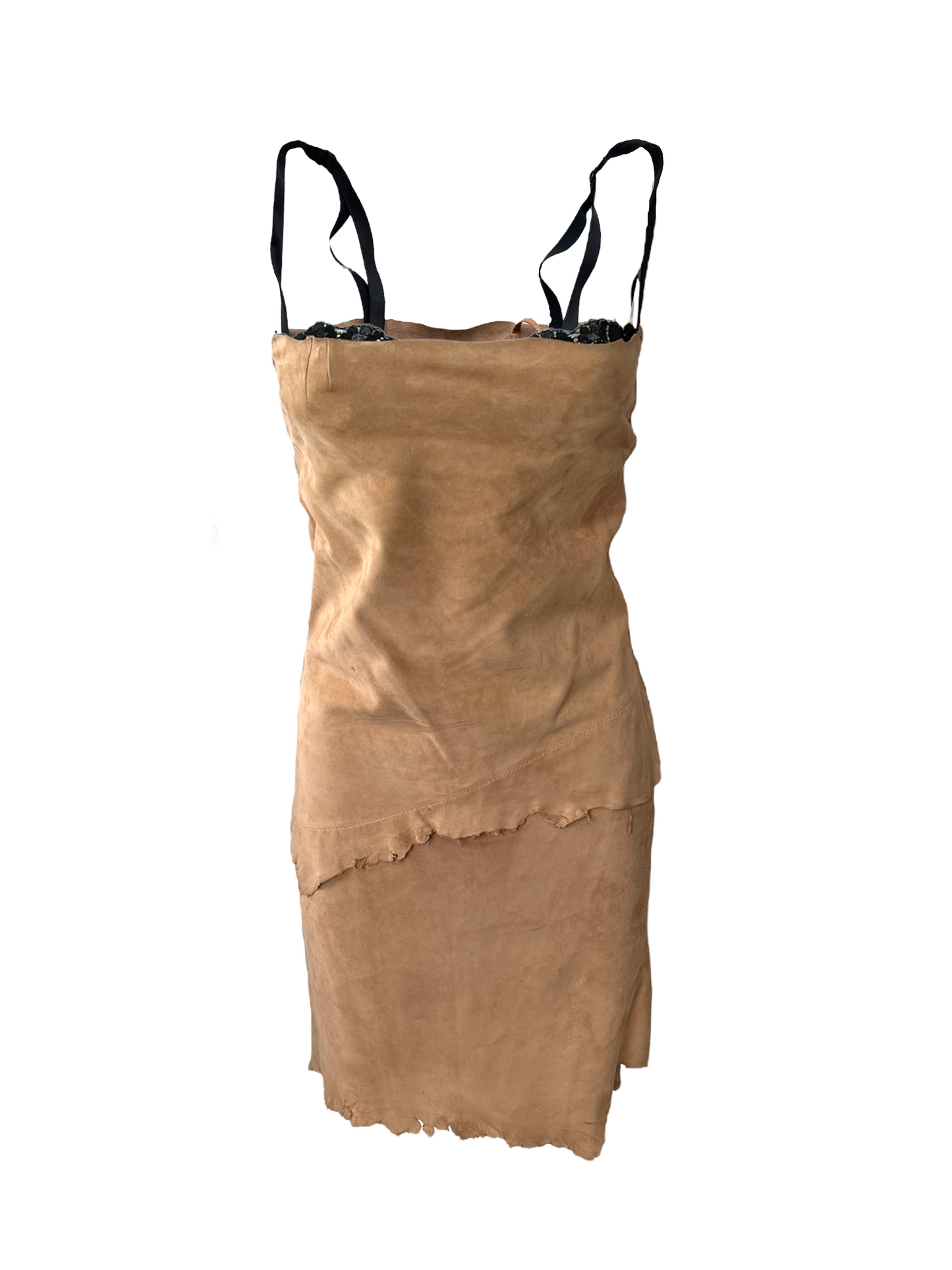 RARE Vintage 1990's Dolce & Gabbana Suede Dress with Black Lace Bra Insert. Features a raw hem.