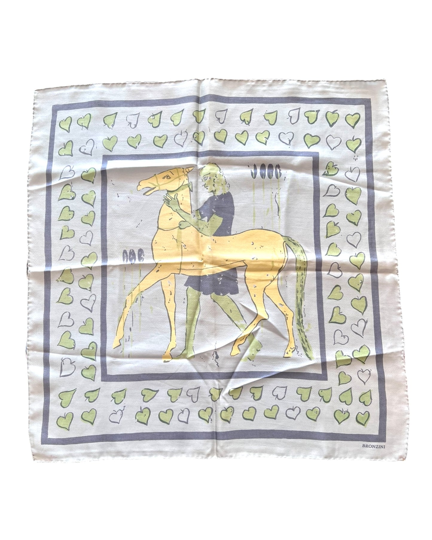Vintage 1970 Bronzini Blue Equestrian Silk Scarf. features a yellow horse and green hearts