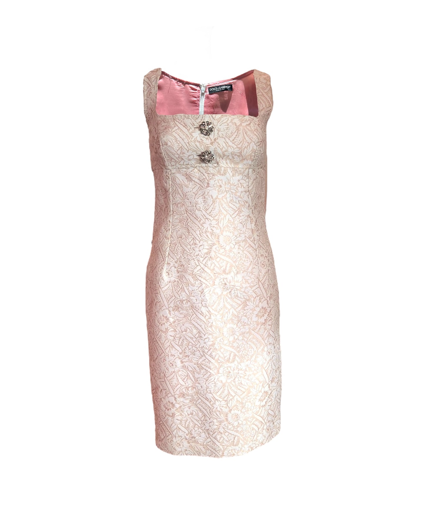 Vintage 2000 Dolce & Gabbana Baroque White Cotton knee-length Dress with embellished metal buttons at bust.