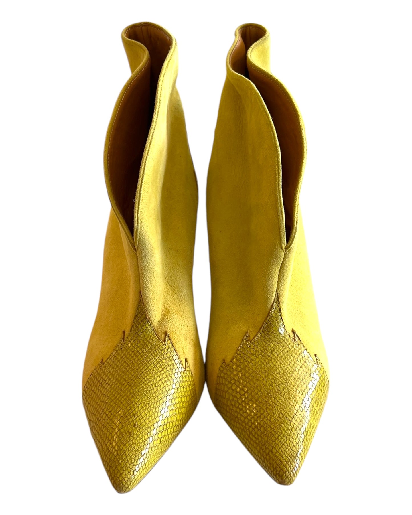 Vintage Isabel Marant Yellow Suede and lizard Leather Bootie Heels. Suede body with lizard leather tips and heels, shaped in a flame pattern.