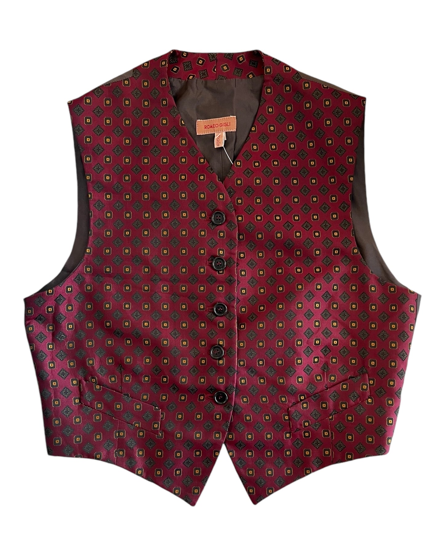 Vintage Romeo Gigli Burgundy and Gold Silk Vest. Vest is waist length and features a repeating geometric pattern.