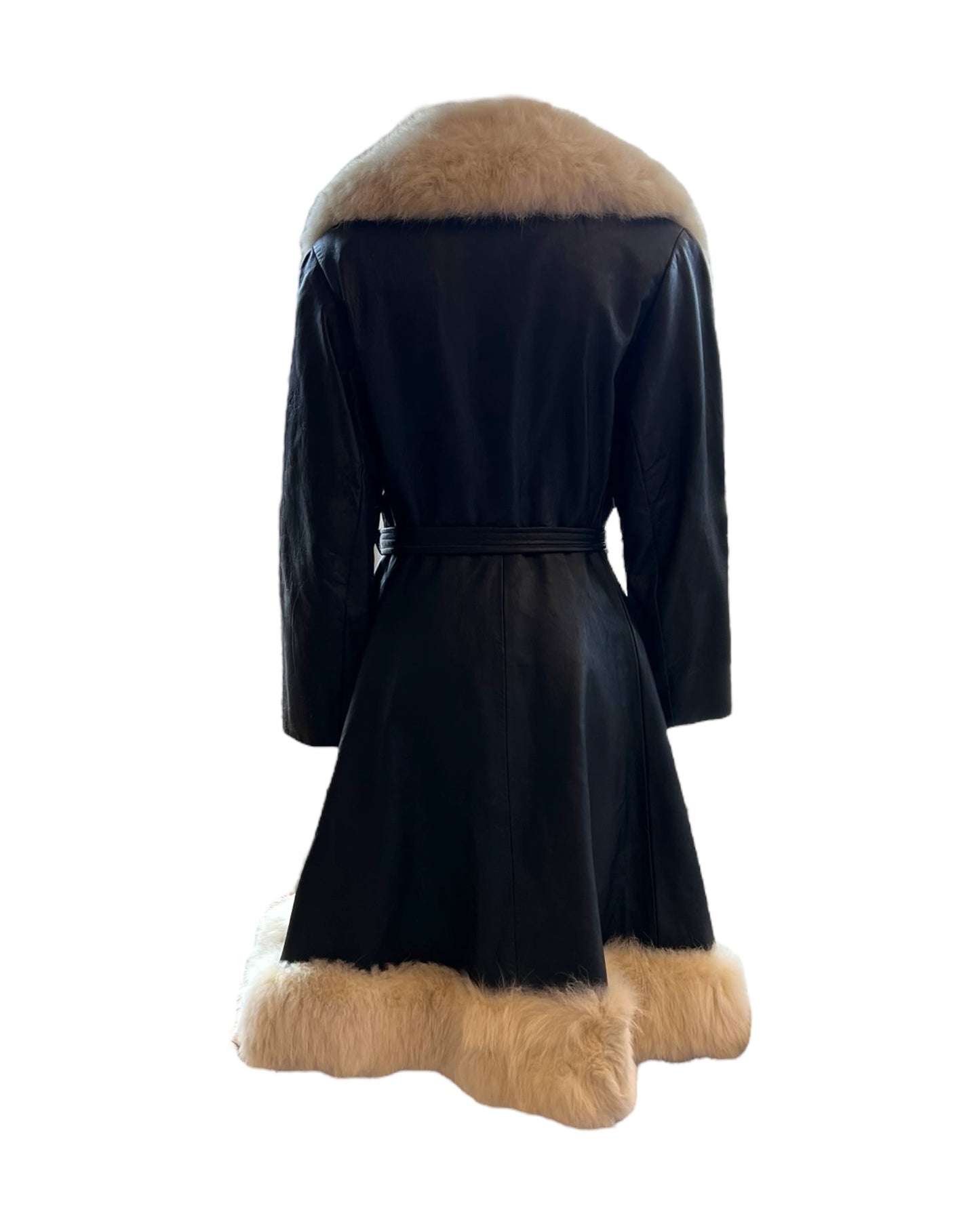 Vintage Black Leather and Fur Long Trench Coat with Tie Waist
