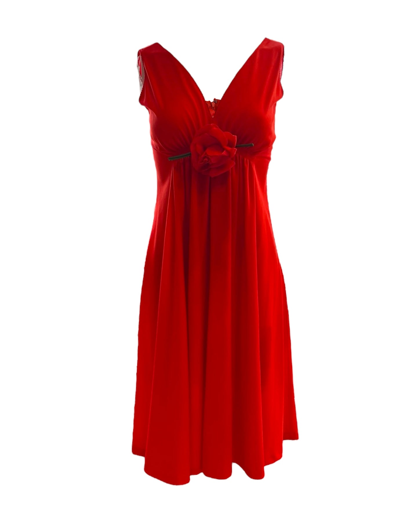 Vintage Mini Red Dress Set with a Rose Pin and Feather Trim. image shows just the dress without the jacket