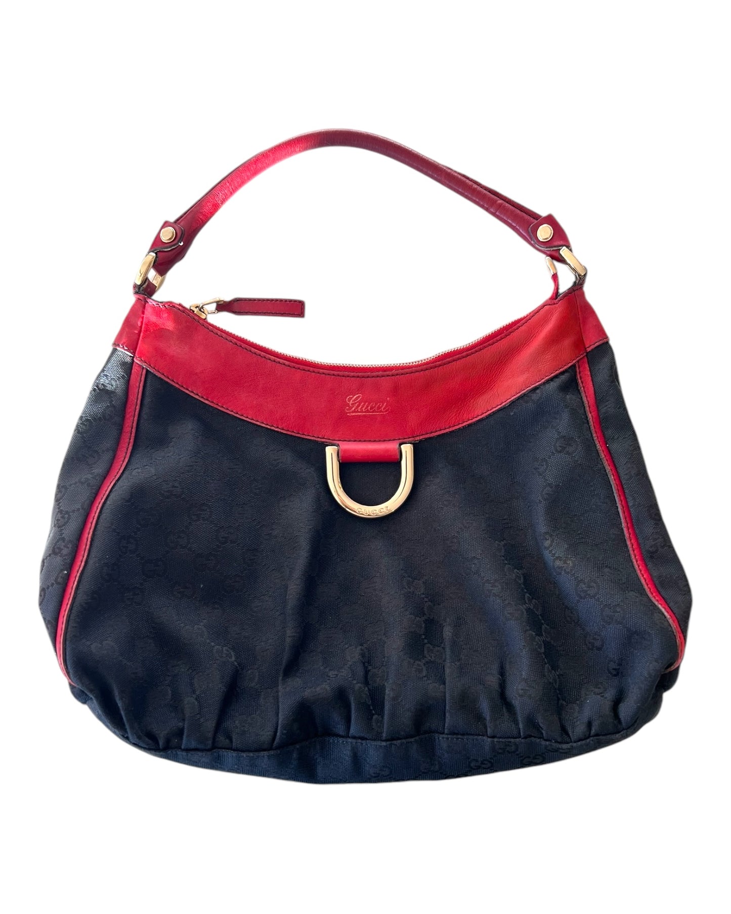 Vintage Gucci Red and Black Logo Abbey Tote Bag. Bag Features a black canvas body with the GG Logo throughout and red leather trim with metal hardware.