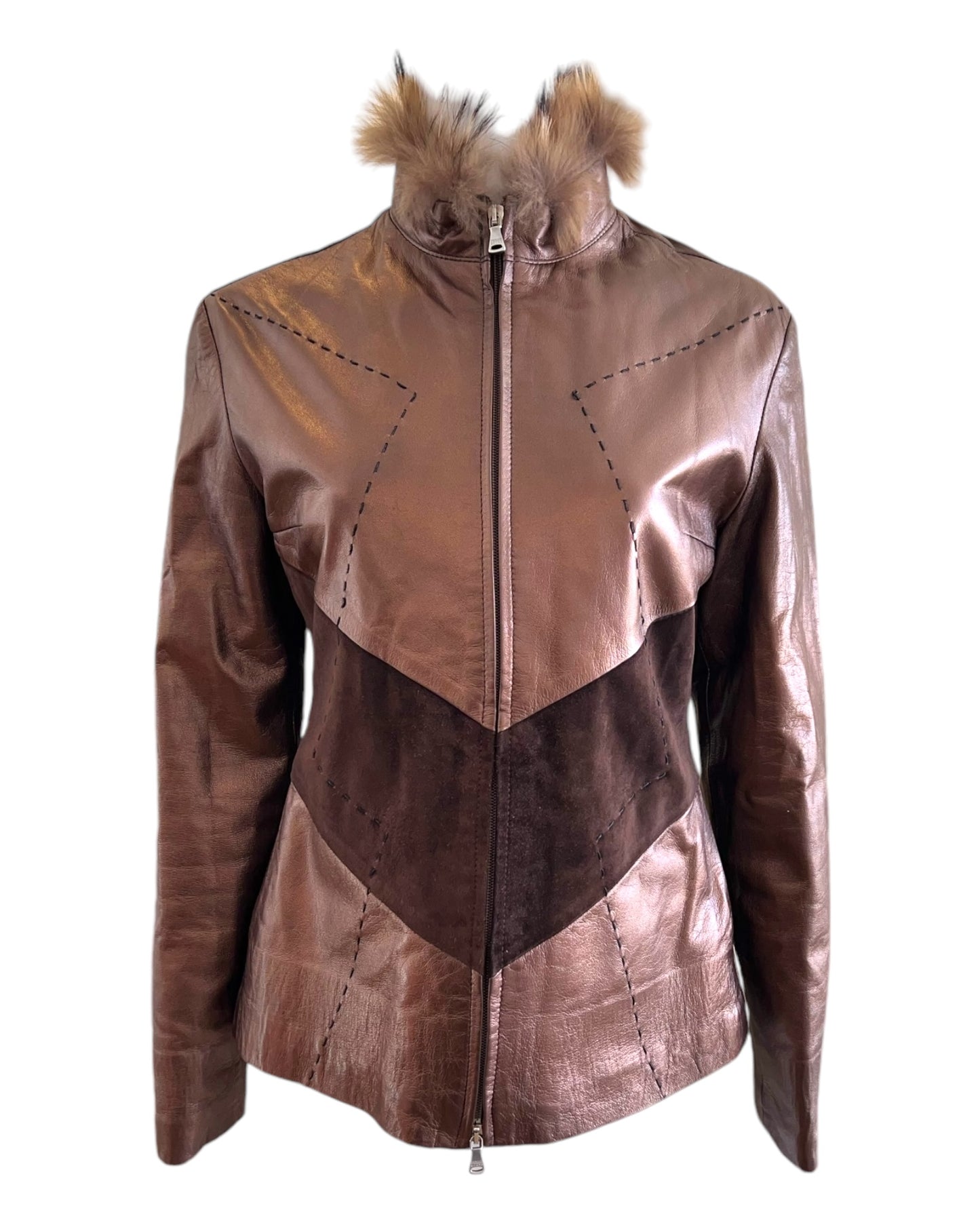 Vintage 1990s Gianfranco Ferre Bronze Leather, Suede and Fur Trimmed Jacket. Features some stitching details.