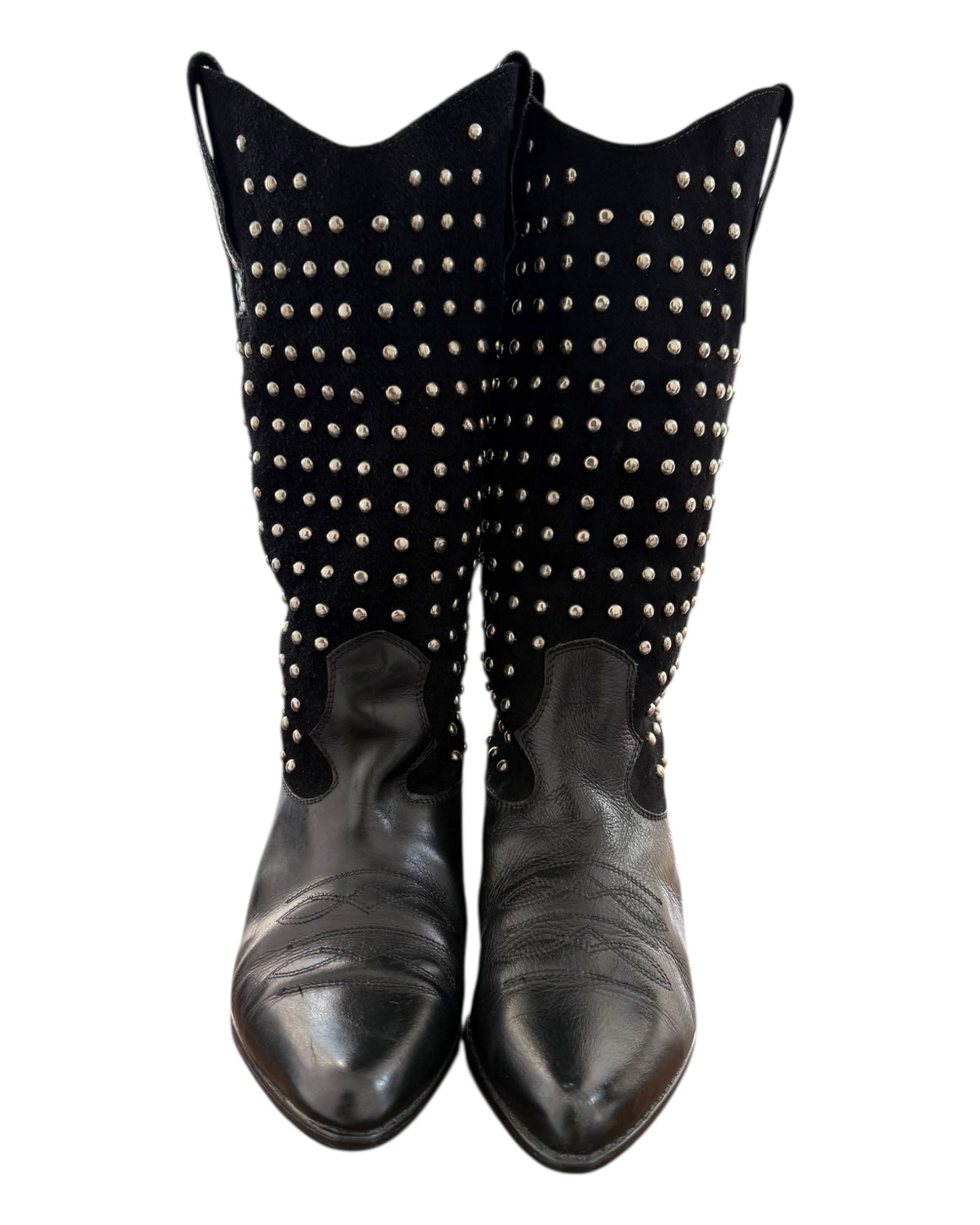 Vintage Black Suede and Leather Studded Cowboy Boots