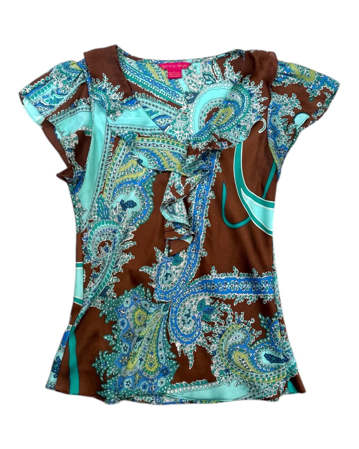Vintage Turquoise and Brown Ruffle Blouse