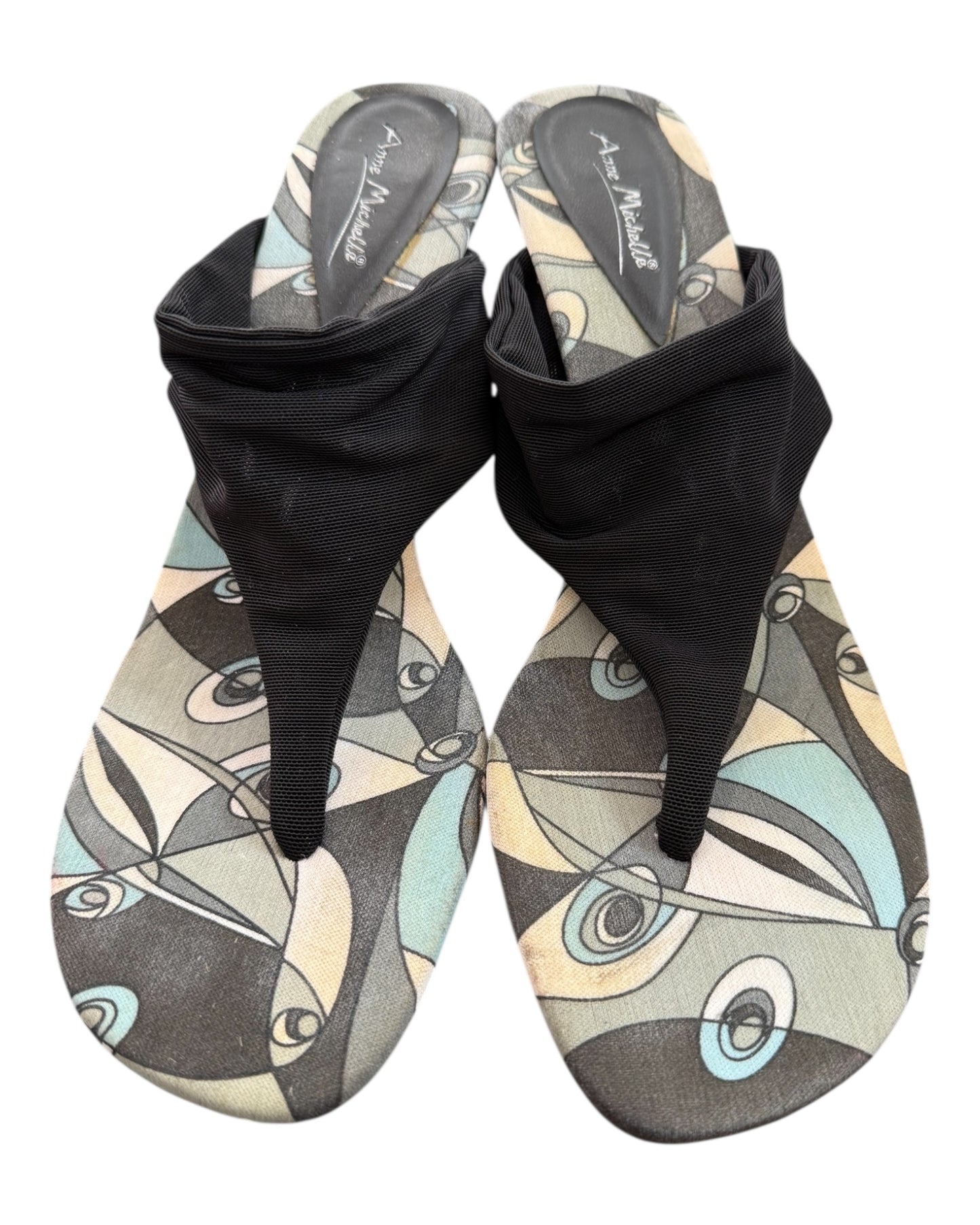 Vintage Blue and Black Stretchy Flip Flop Heels