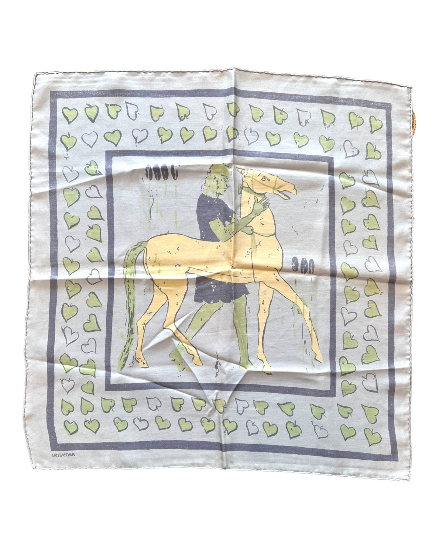 Vintage 1970 Bronzini Blue Equestrian Silk Scarf. features a yellow horse and green hearts