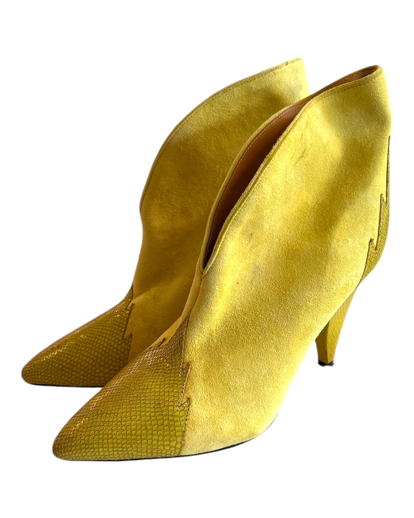 Vintage Isabel Marant Yellow Suede and lizard Leather Bootie Heels. Suede body with lizard leather tips and heels, shaped in a flame pattern.