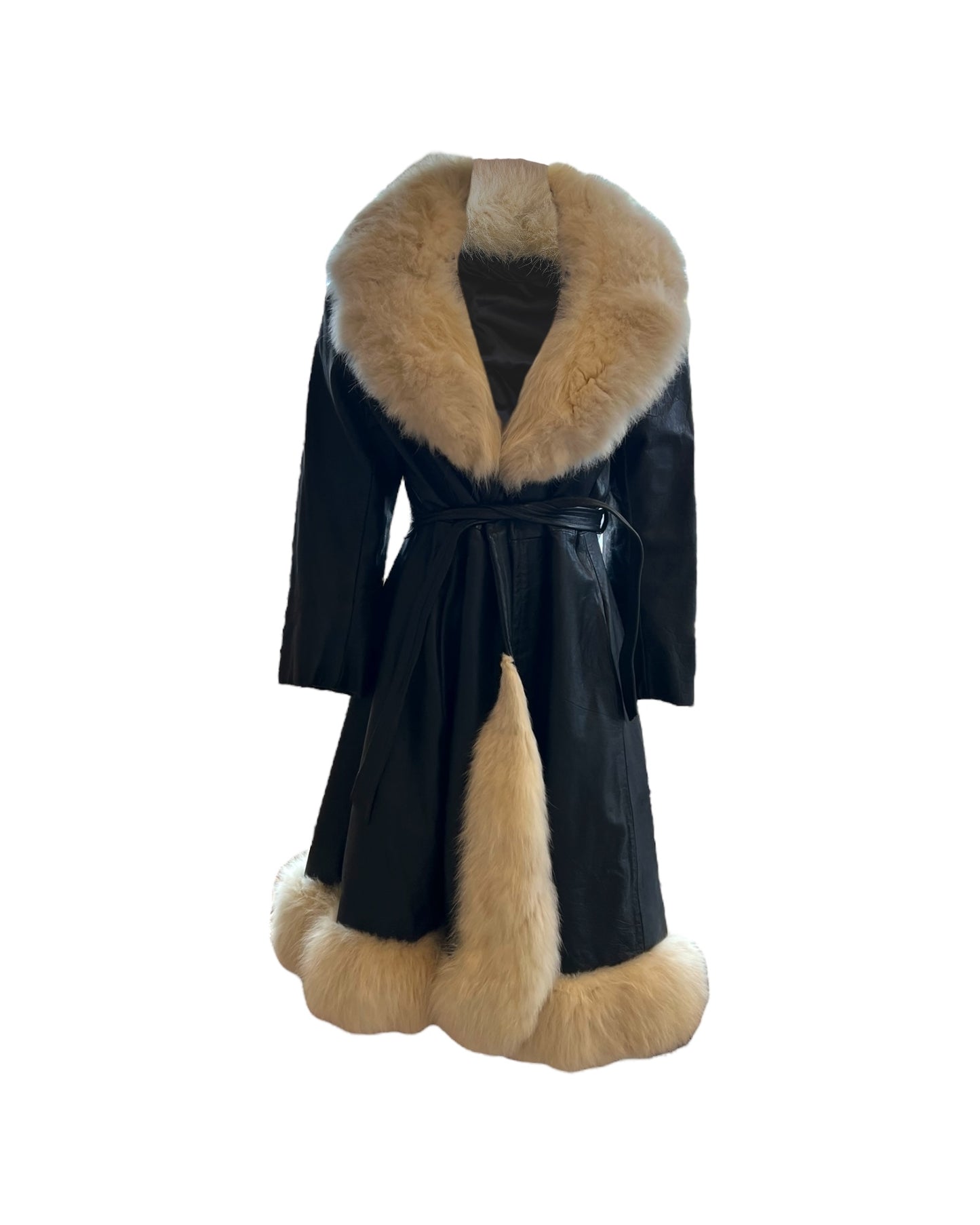 Vintage Black Leather and Fur Long Trench Coat with Tie Waist