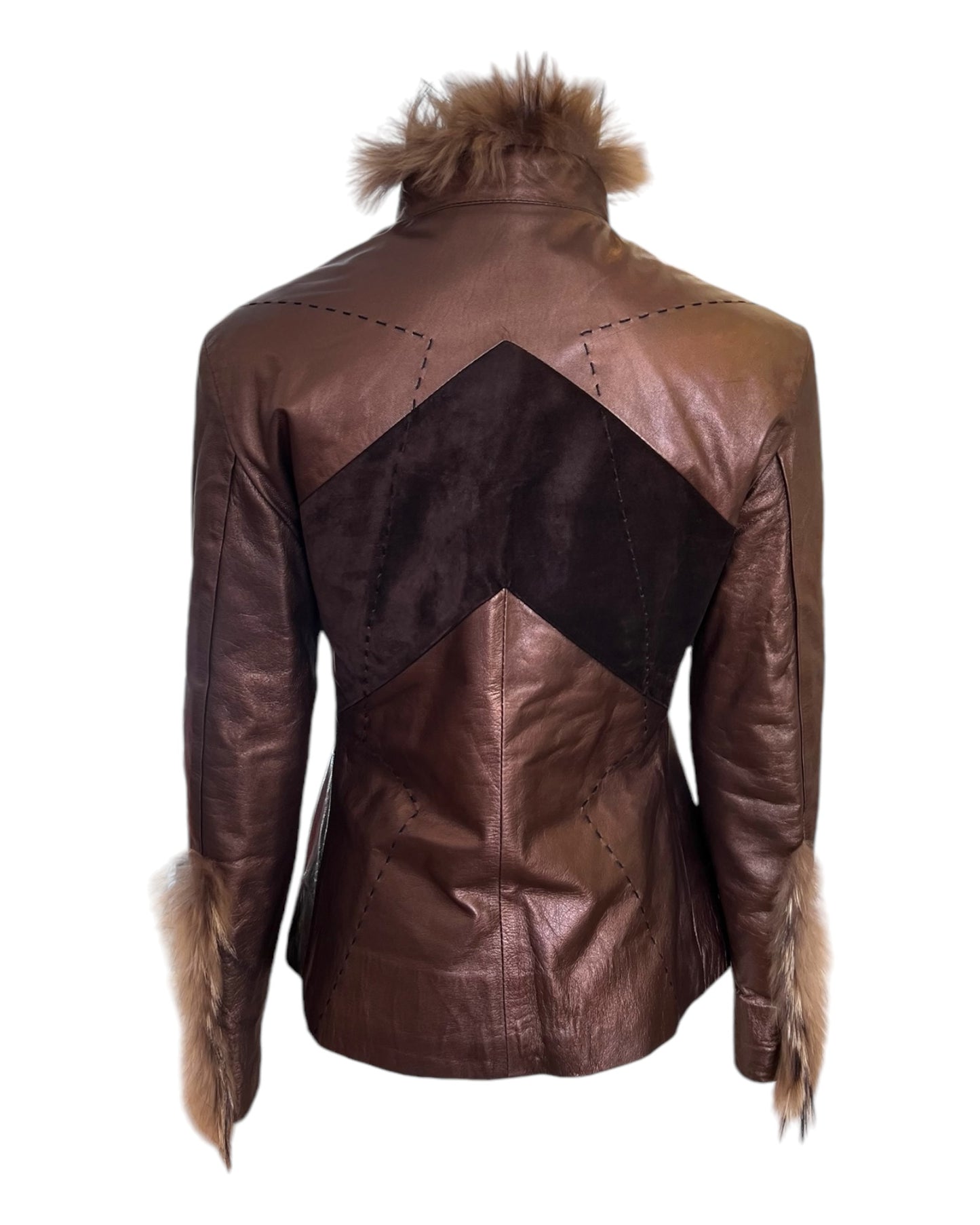 Vintage 1990s Gianfranco Ferre Bronze Leather, Suede and Fur Trimmed Jacket. Features some stitching details and geometric shapes.