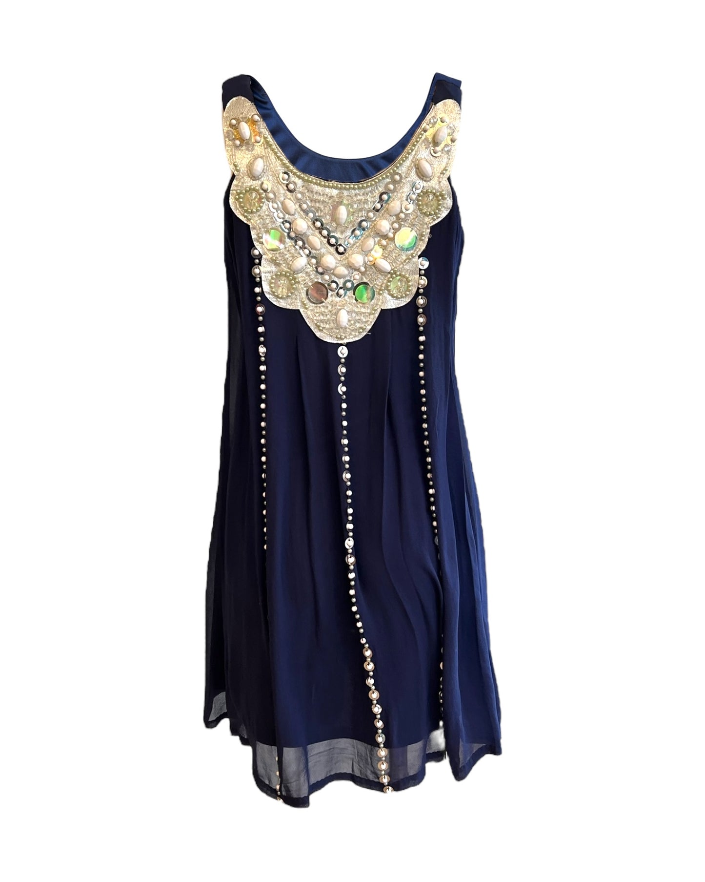 Vintage Sue Wong Navy Blue Silk Tent Dress with Pearl Beading