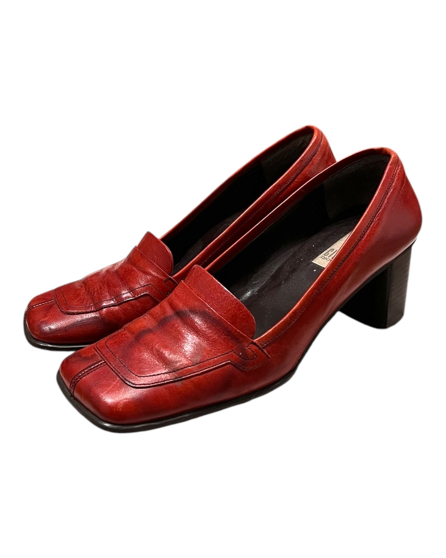 Vintage Red Leather Square-Toe Heels