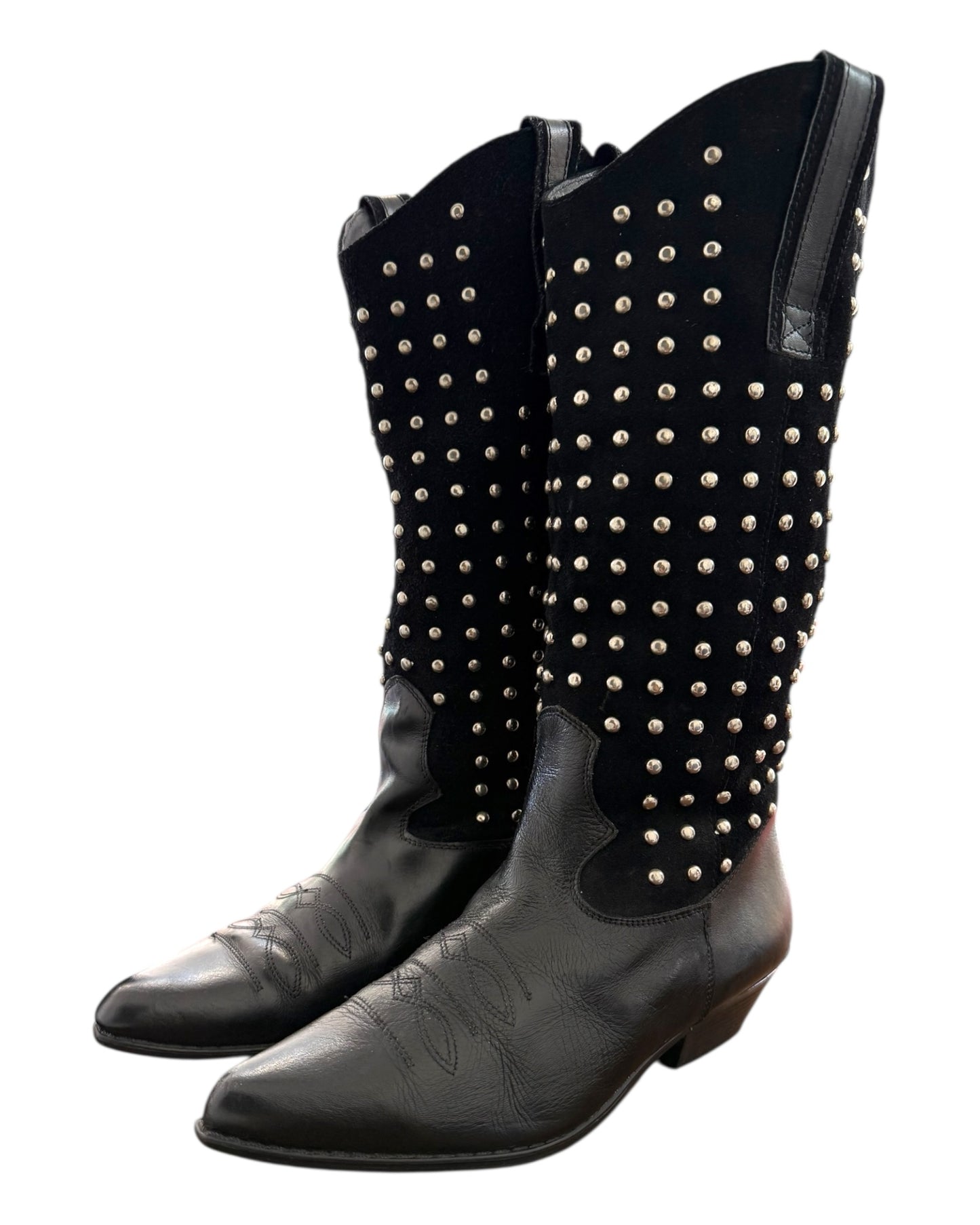 Vintage Black Suede and Leather Studded Cowboy Boots