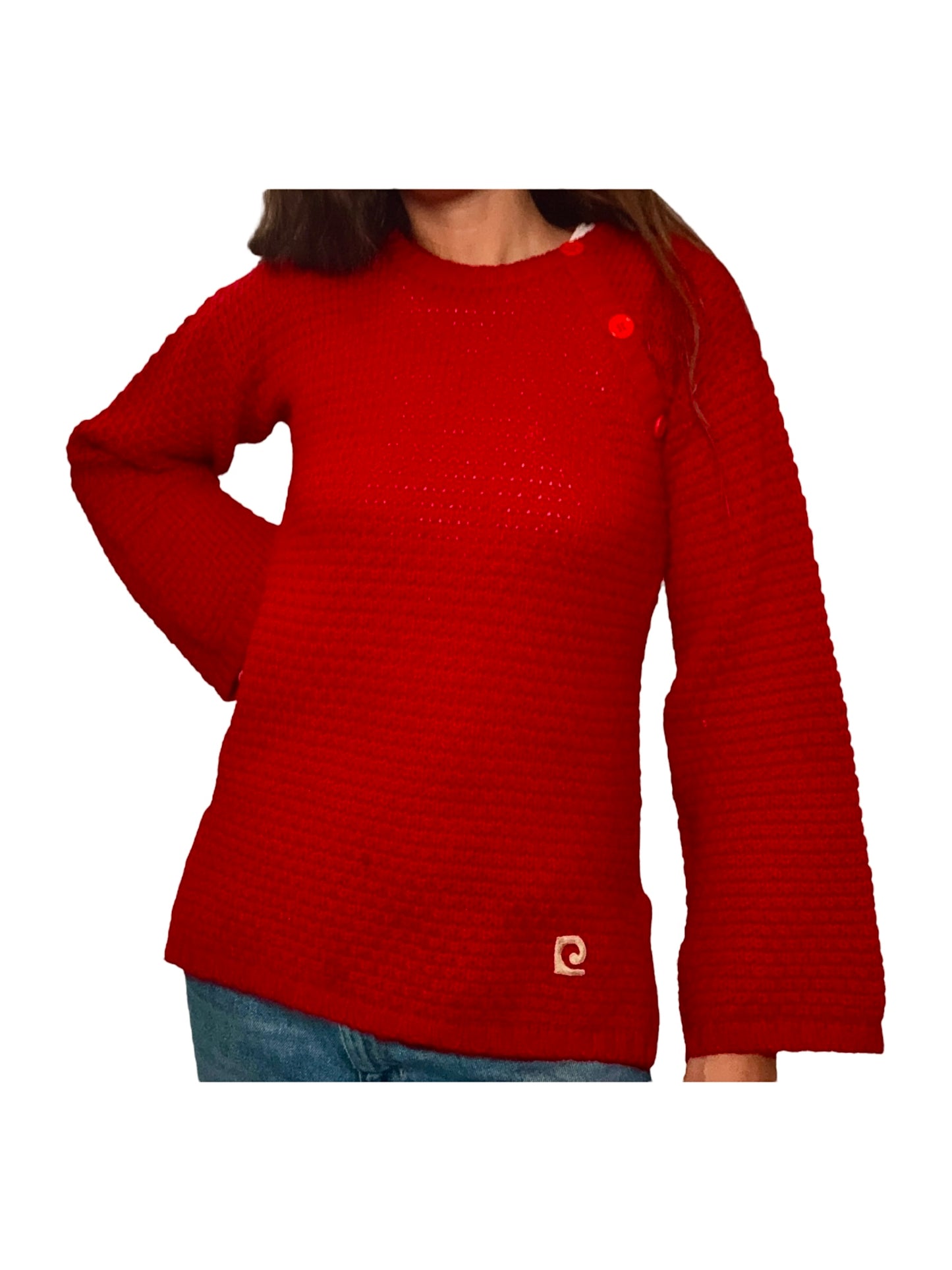 Red sweater worn by a person on a white background