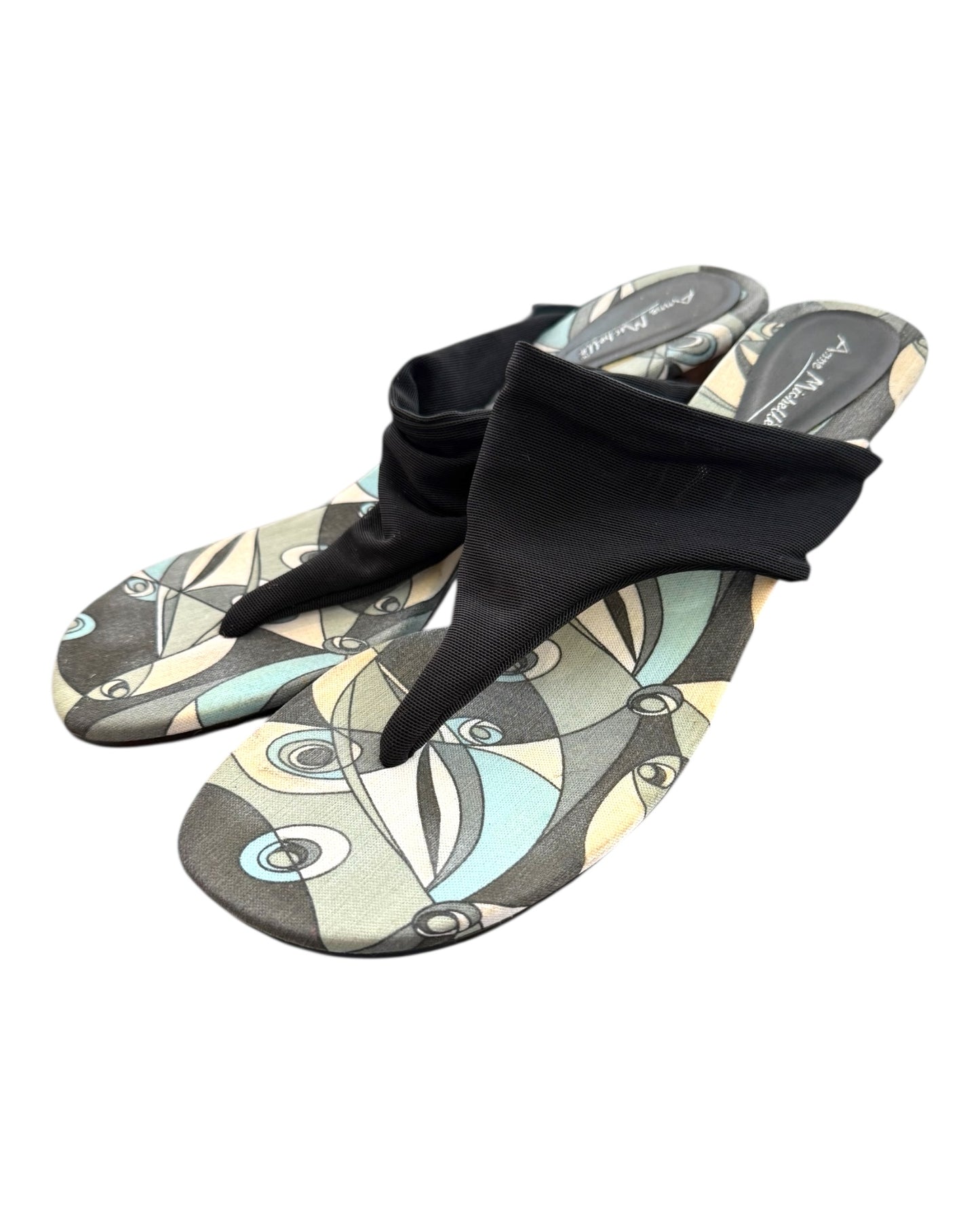 Vintage Blue and Black Stretchy Flip Flop Heels