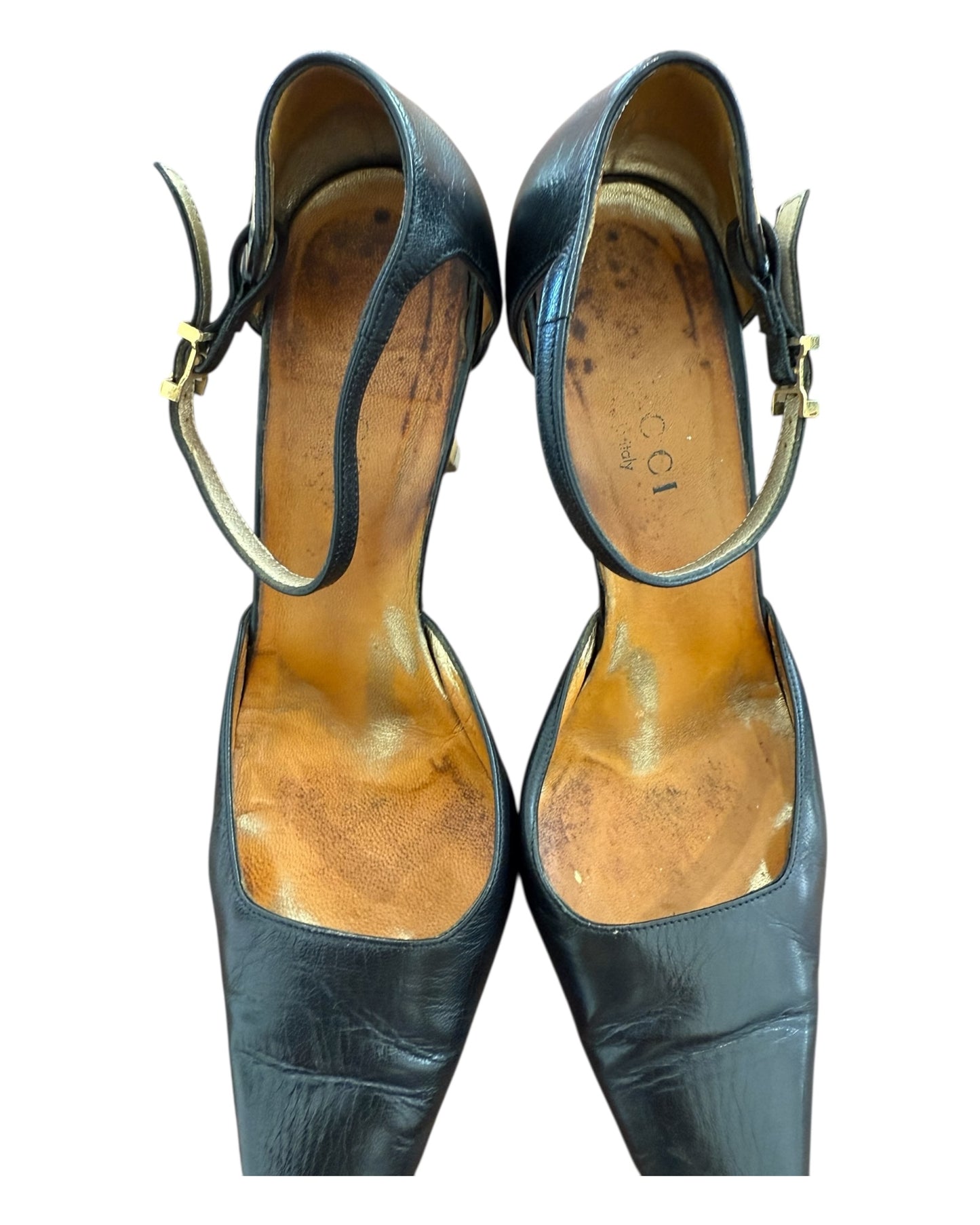 Vintage Gucci Black Pointed Toe Heels with Ankle Straps