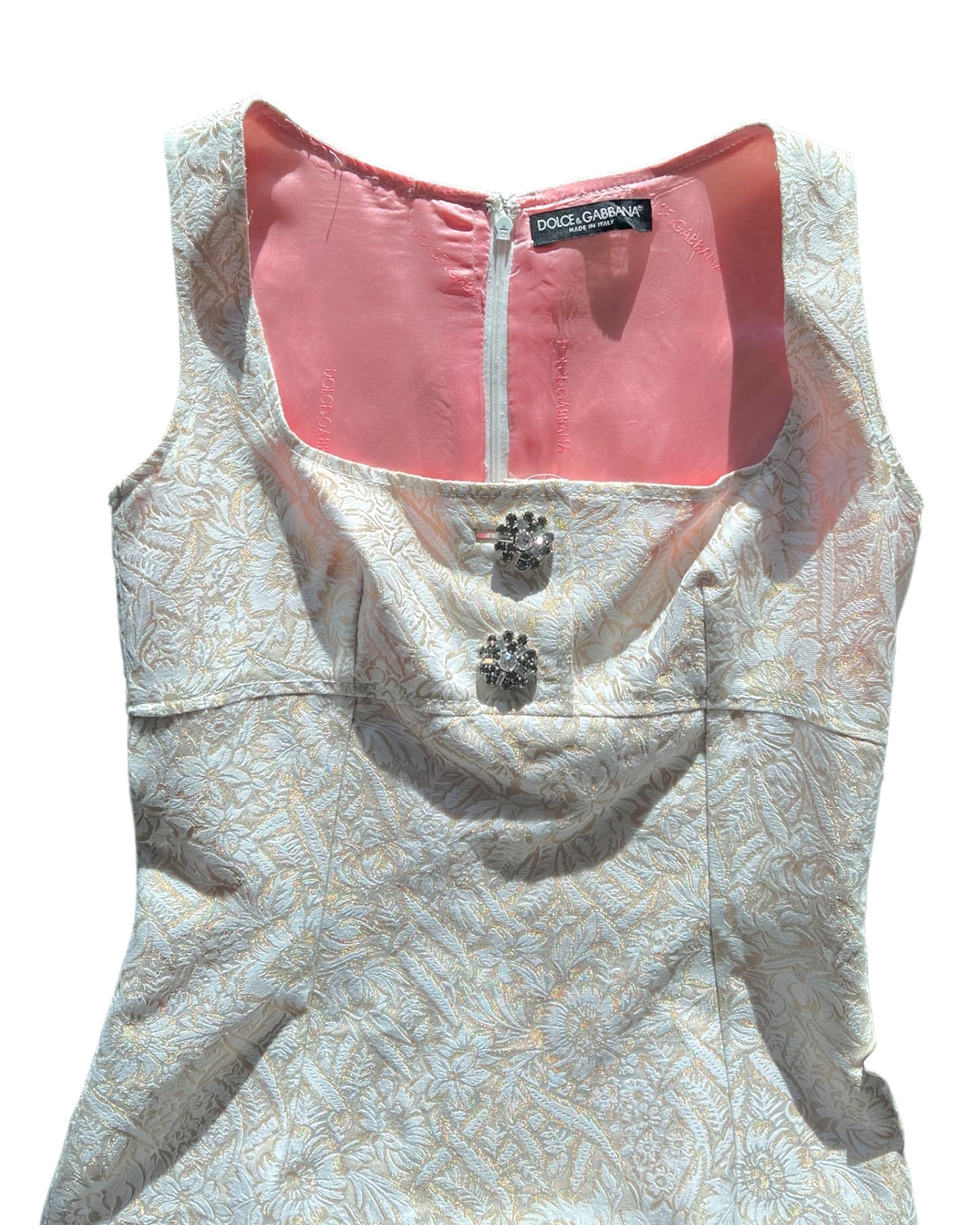 Vintage 2000 Dolce & Gabbana Baroque White Cotton knee-length Dress with embellished metal buttons at bust. features pink lining
