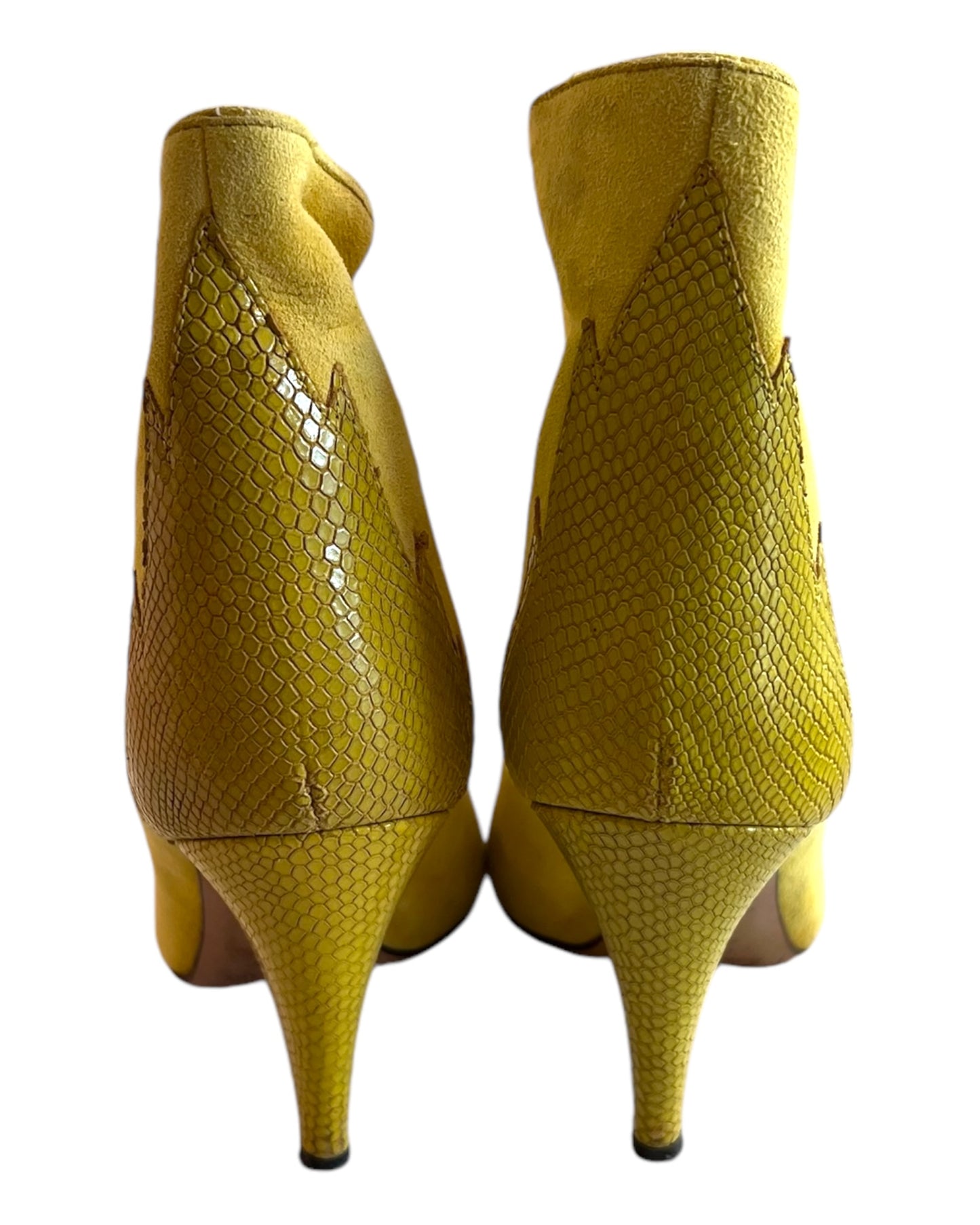 Vintage Isabel Marant Yellow Suede and lizard Leather Bootie Heels. Suede body with lizard leather tips and heels, shaped in a flame pattern.