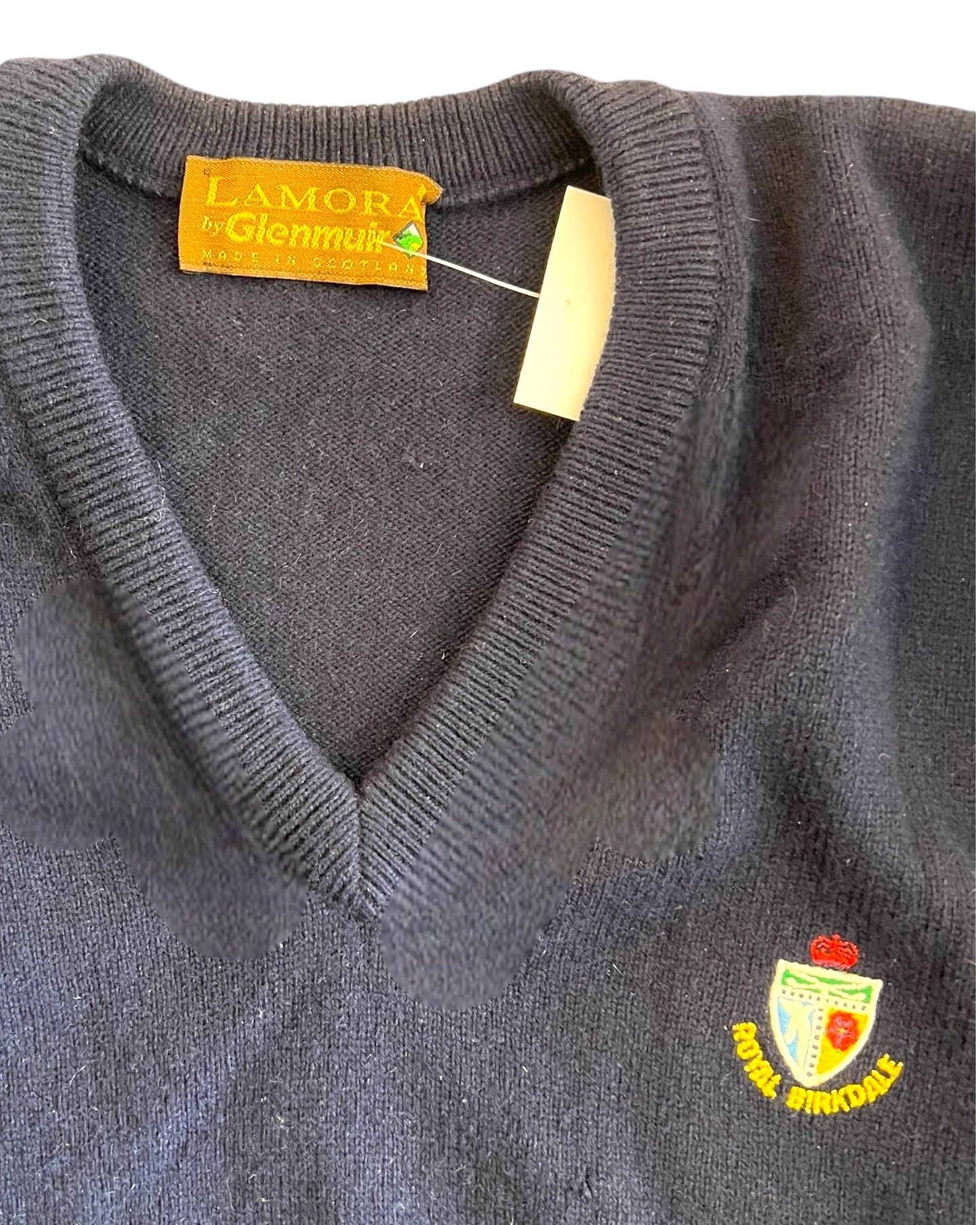 Vintage Royal Birkdale Navy Blue Lamora Wool Sweater. Image depicts royal Birkdale crest.