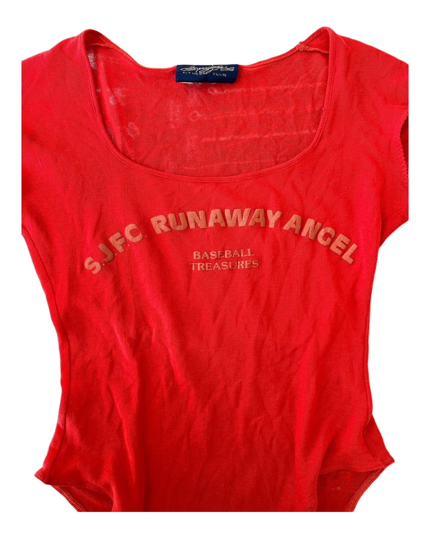 Vintage "Runway Angels" Red Stretch Body Suit. Text reads: "S.J.F.C Runway Angel Baseball Treasures."