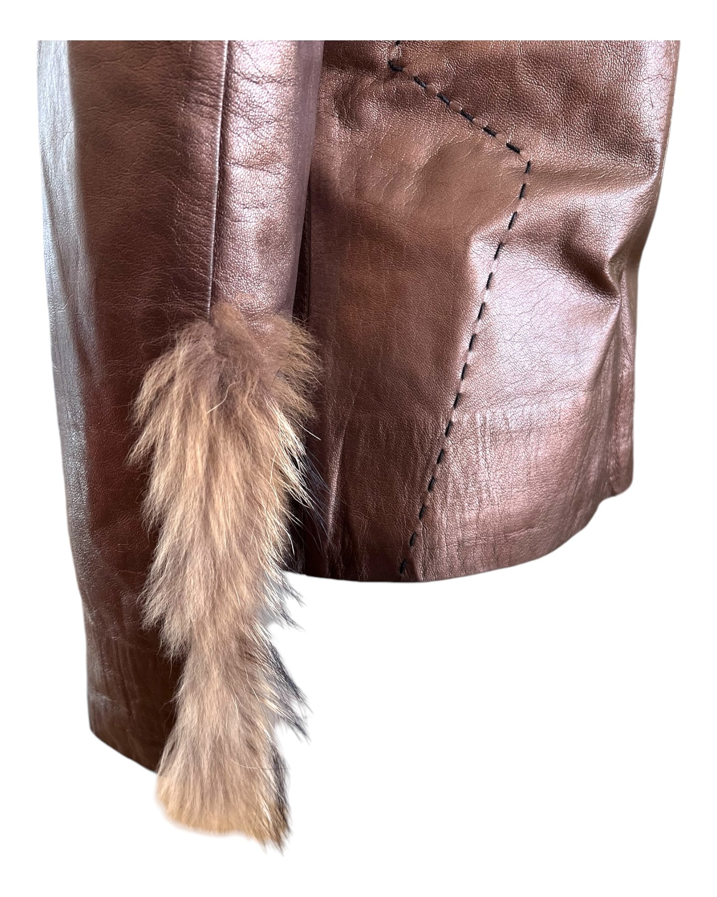 Vintage 1990s Gianfranco Ferre Bronze Leather, Suede and Fur Trimmed Jacket. Features some stitching details and geometric shapes.