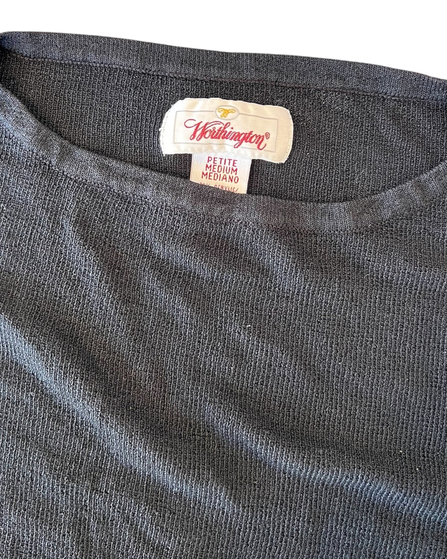 Vintage 1990s Black Knit Boat Neck Top. Image depicts "Worthington Brand tag.