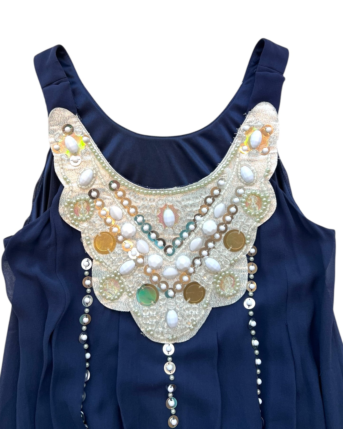 Vintage Sue Wong Navy Blue Silk Tent Dress with Pearl Beading