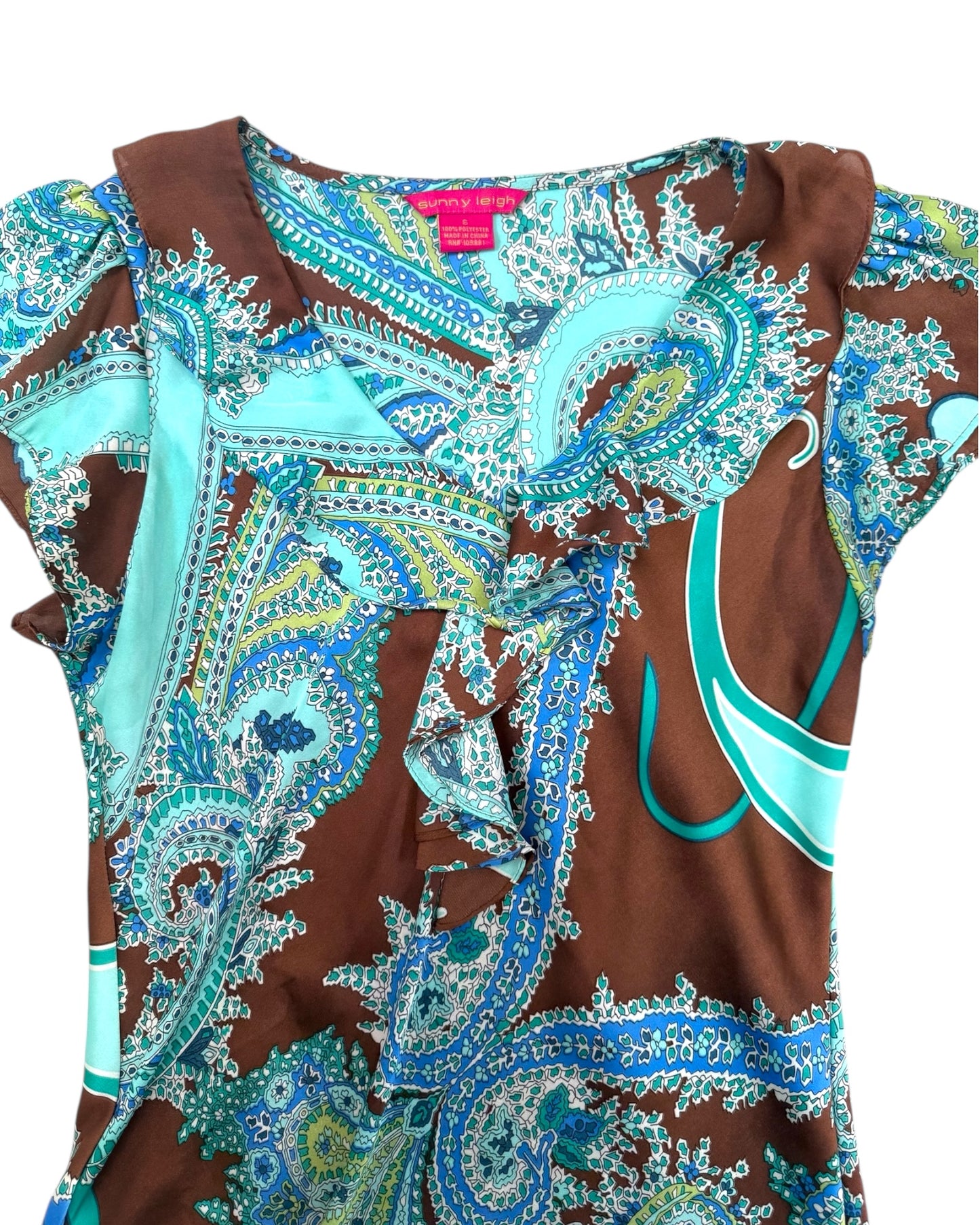 Vintage Turquoise and Brown Ruffle Blouse