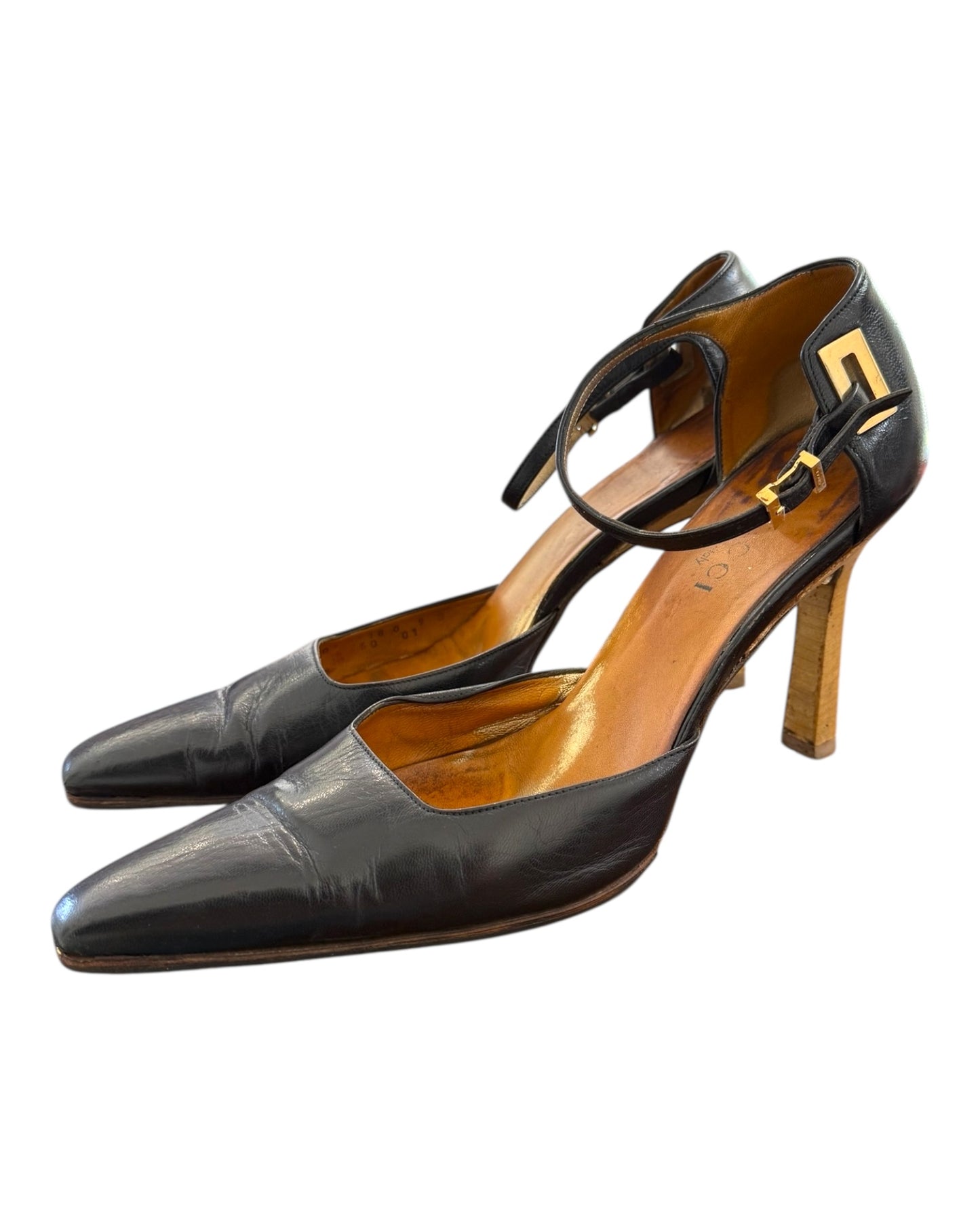 Vintage Gucci Black Pointed Toe Heels with Ankle Straps