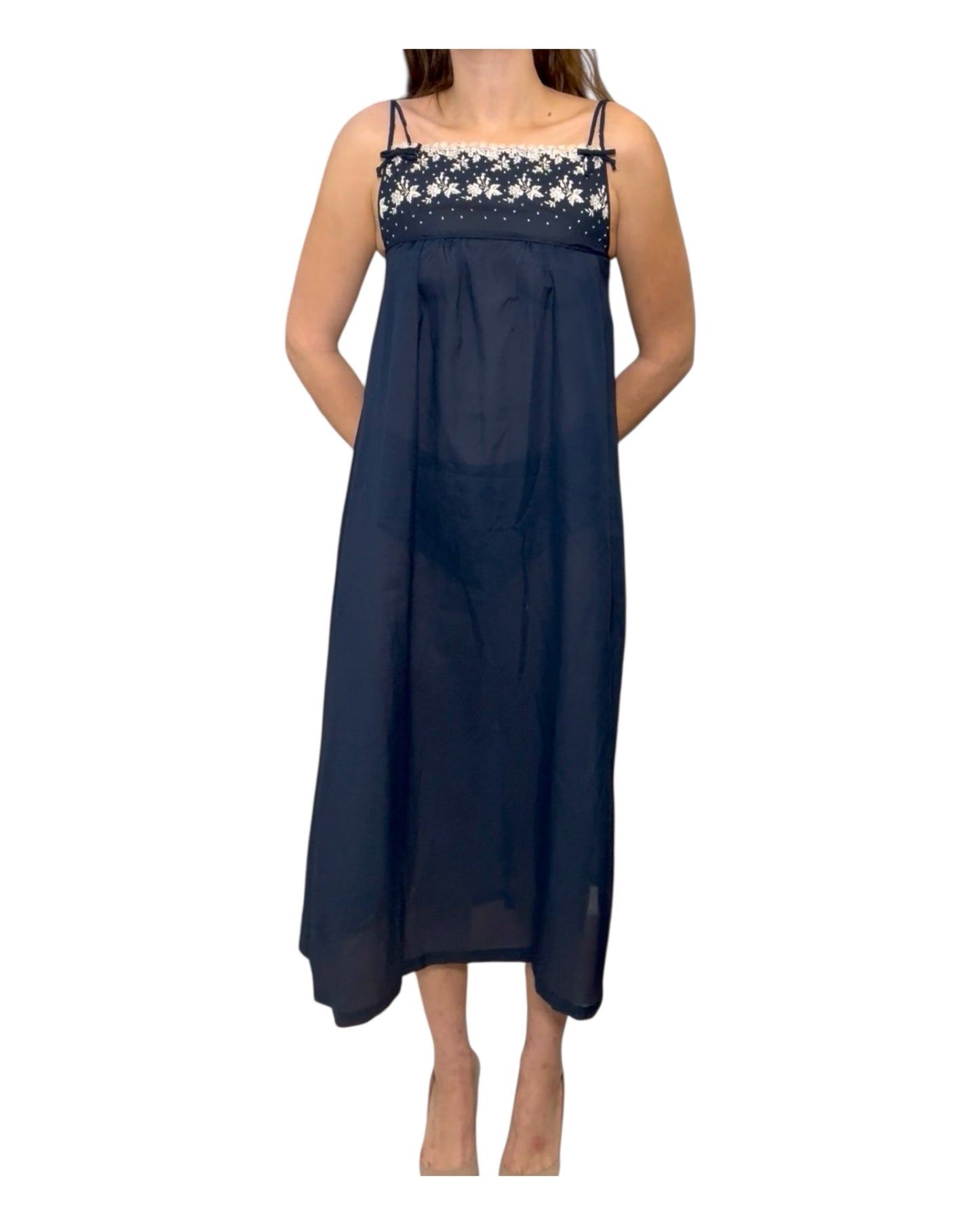 Vintage Christian Dior Navy Blue Embroidered Night Gown