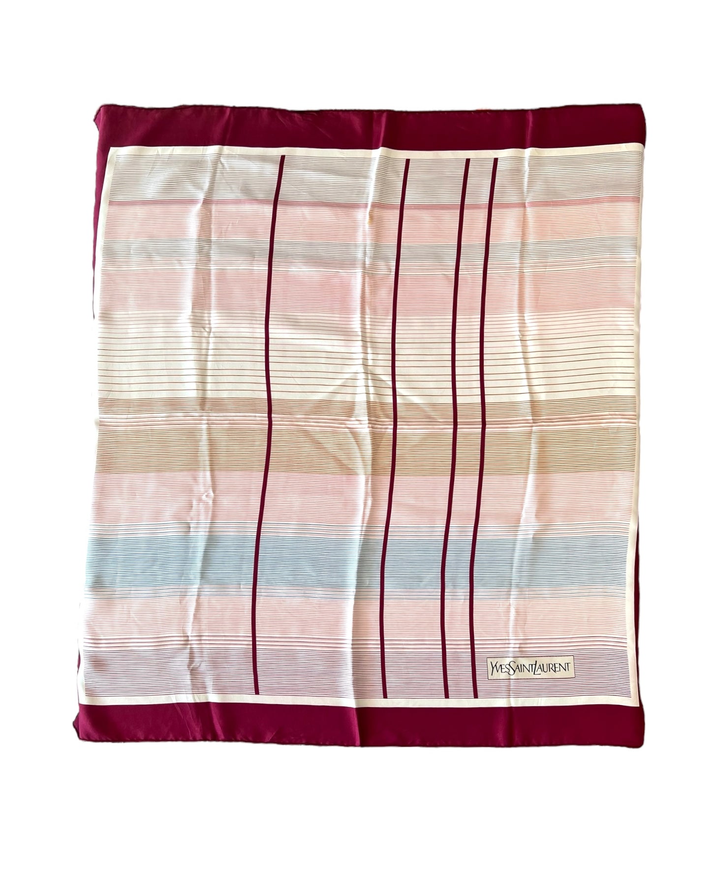 Vintage Yves Saint Laurent Pink Multicolor Plaid Silk Scarf. colors are maroon, pink, blue, beige, grey and white.